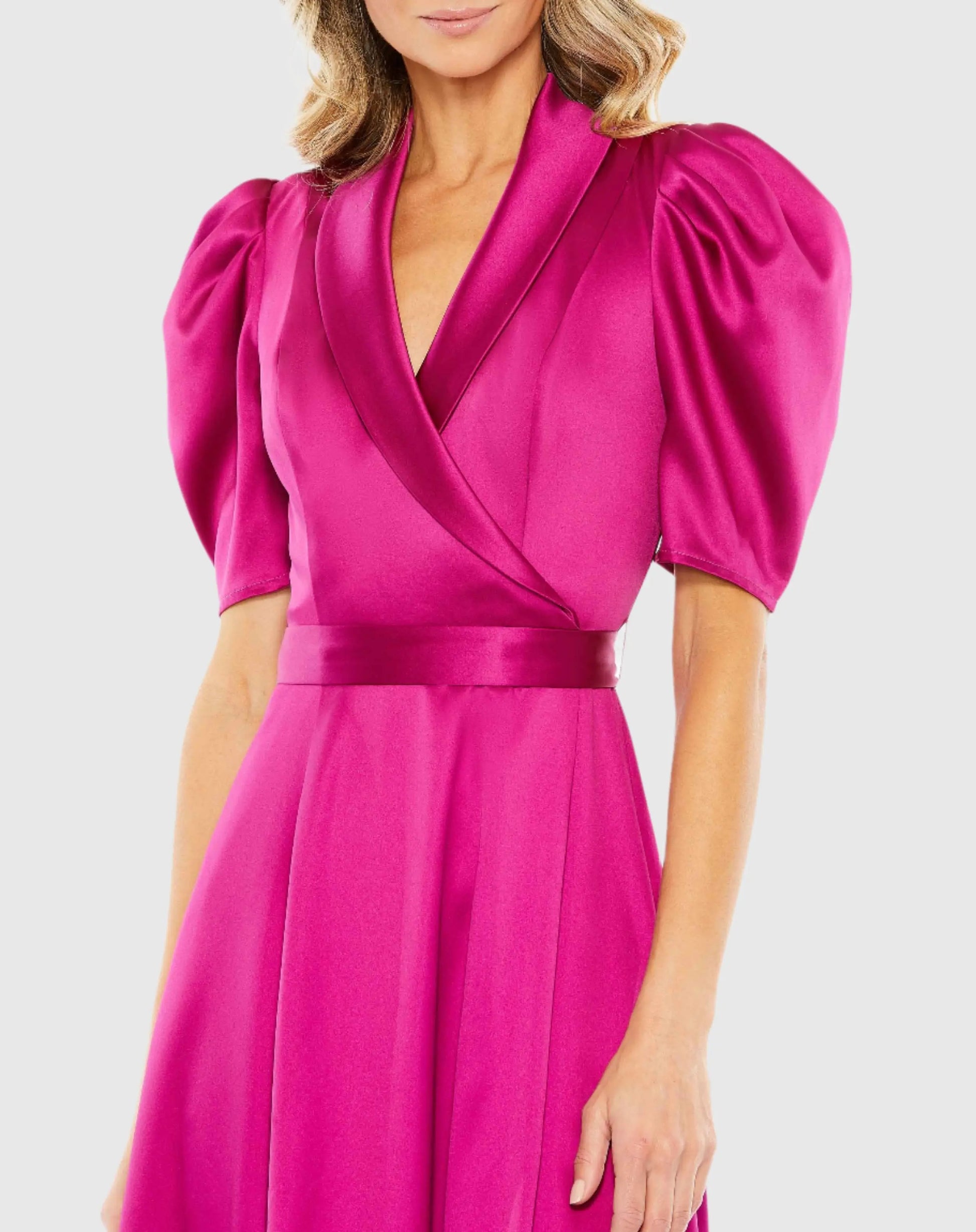 Hot Pink Satin Lapel Puff Sleeve Tea Length Dress - Mac Duggal US 6 Hot Pink Satin Lapel Puff Sleeve Tea Length Dress - Mac Duggal US 6