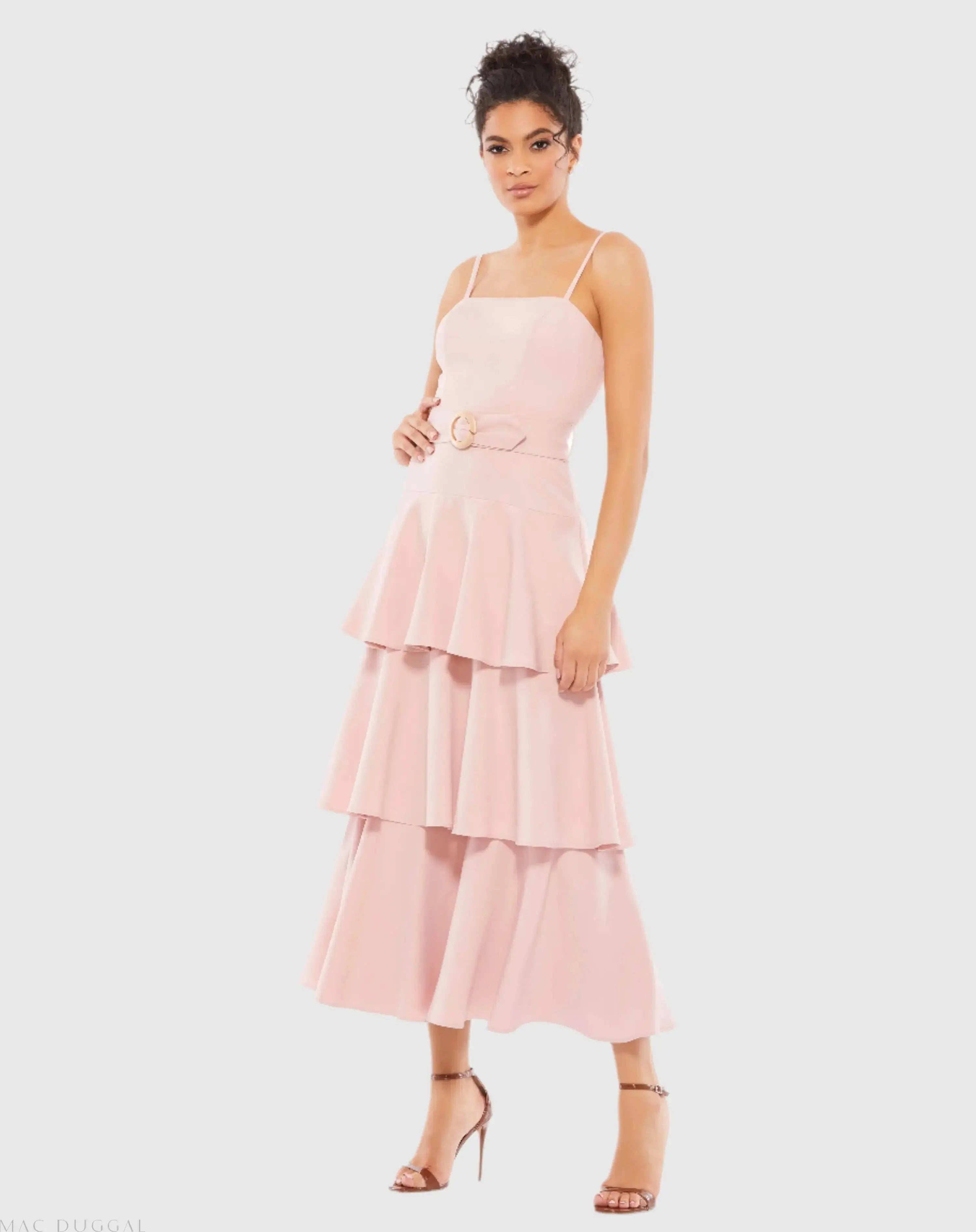 Pink Belted Tiered Ruffle Sleeveless Midi Dress - Ieena for Mac Duggal