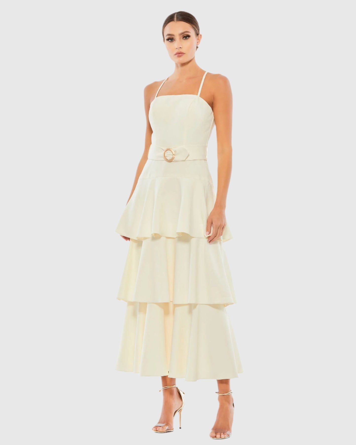 Belted Tiered Ruffle Sleeveless Midi Dress