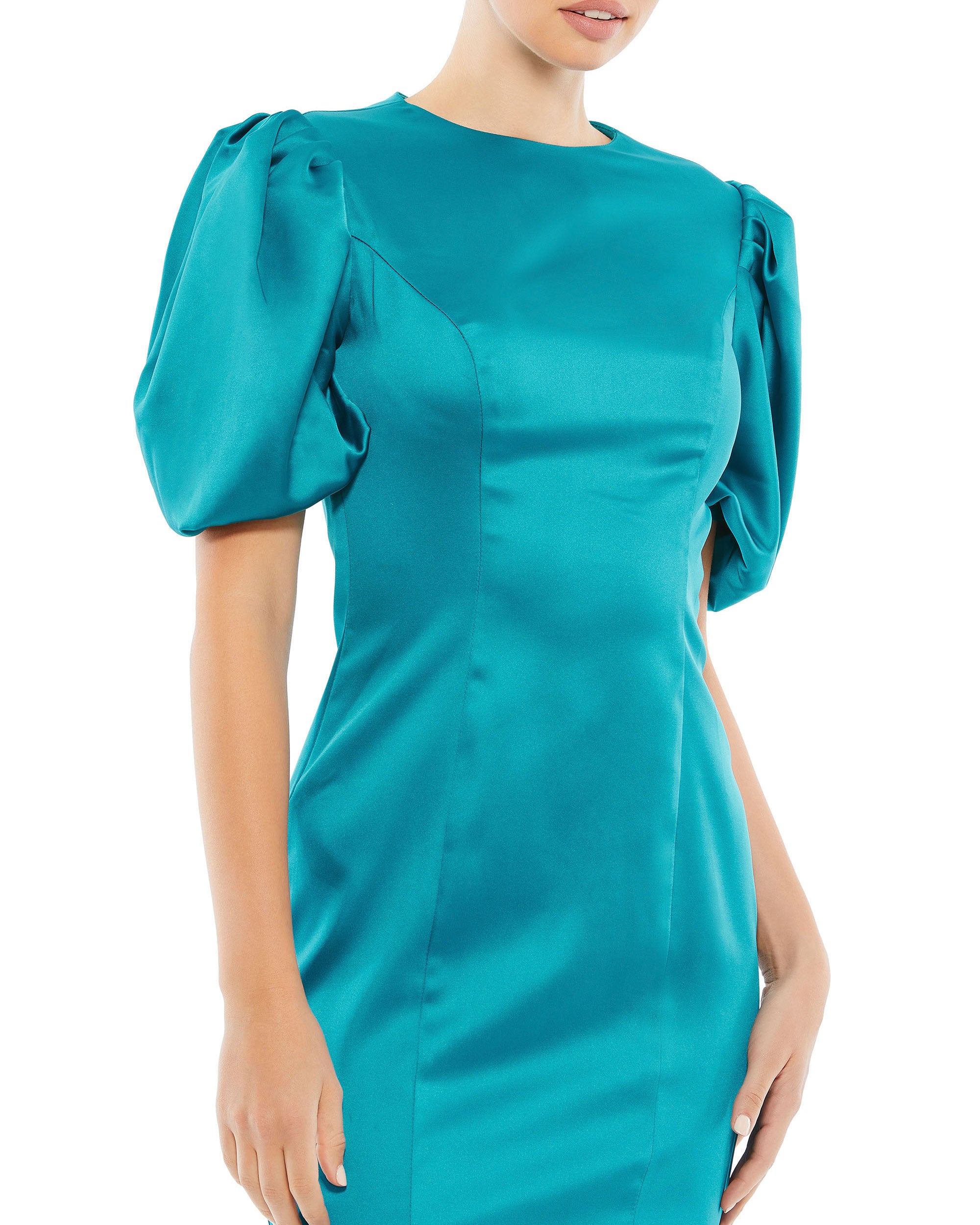 Satin Puff Sleeve Fitted Cocktail Dress