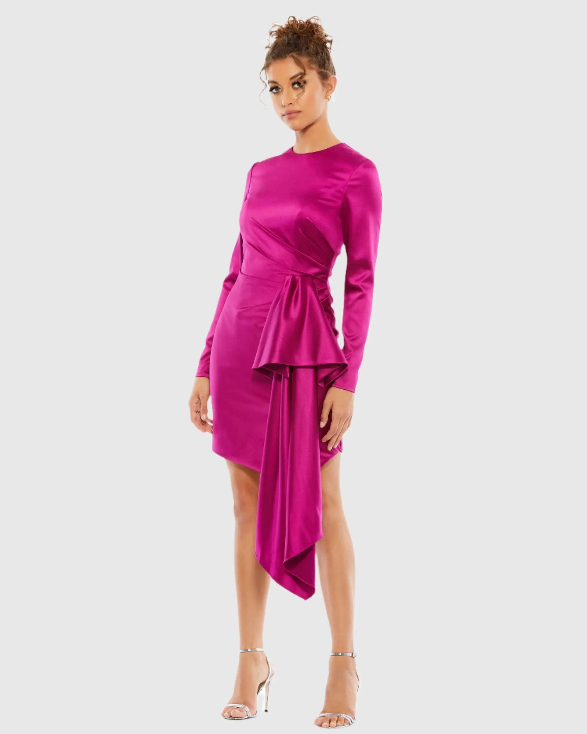 Purple Asymmetrical Draped Long Sleeve Mini Dress - Ieena for Mac Duggal