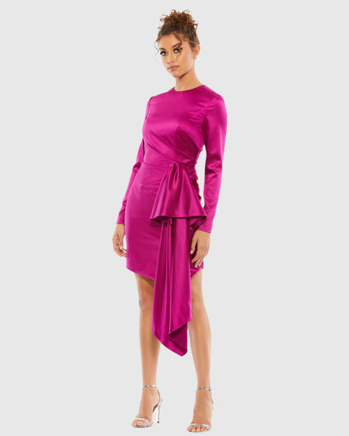 Asymmetrical Draped Long Sleeve Mini Dress