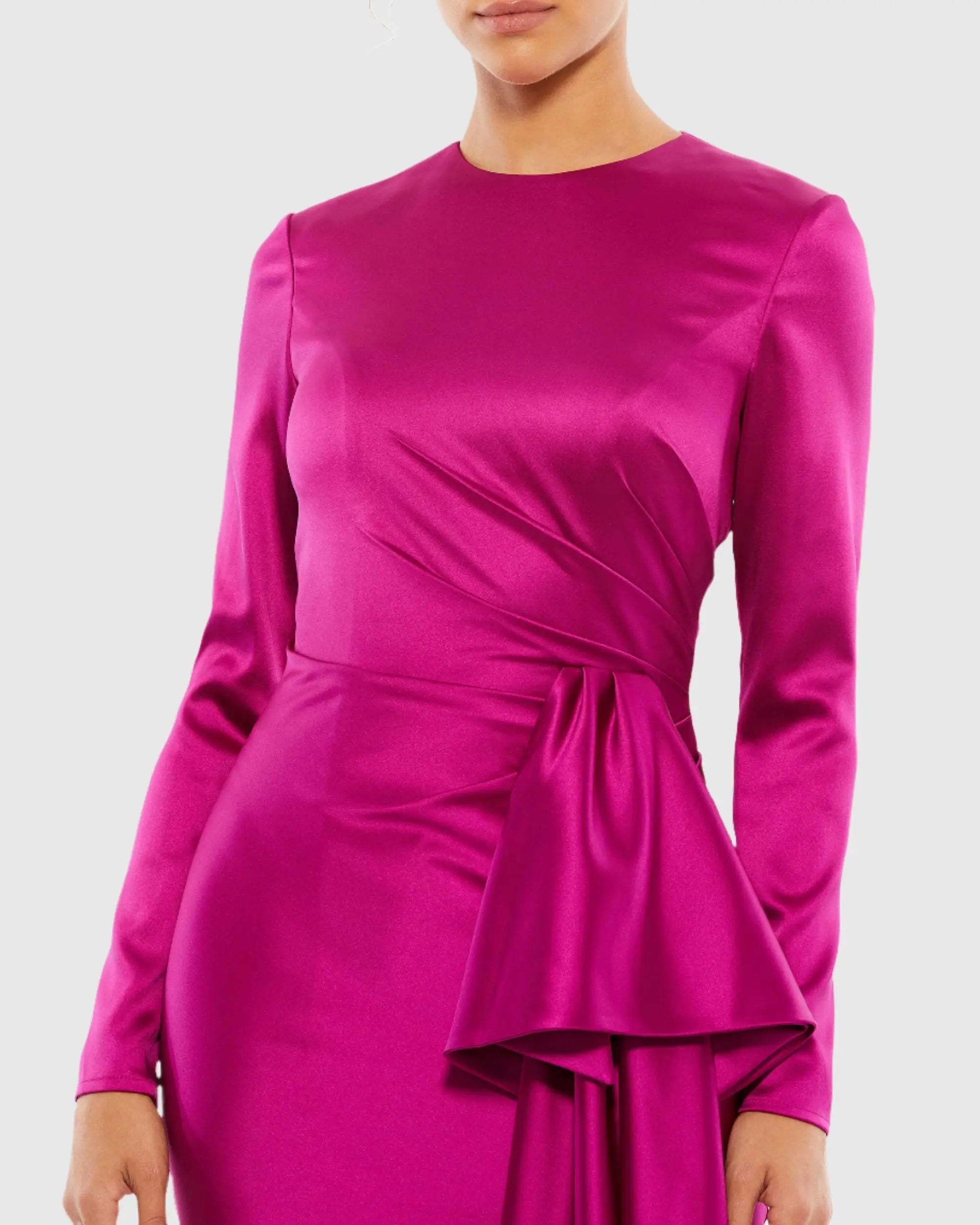 Purple Asymmetrical Draped Long Sleeve Mini Dress - Ieena for Mac Duggal