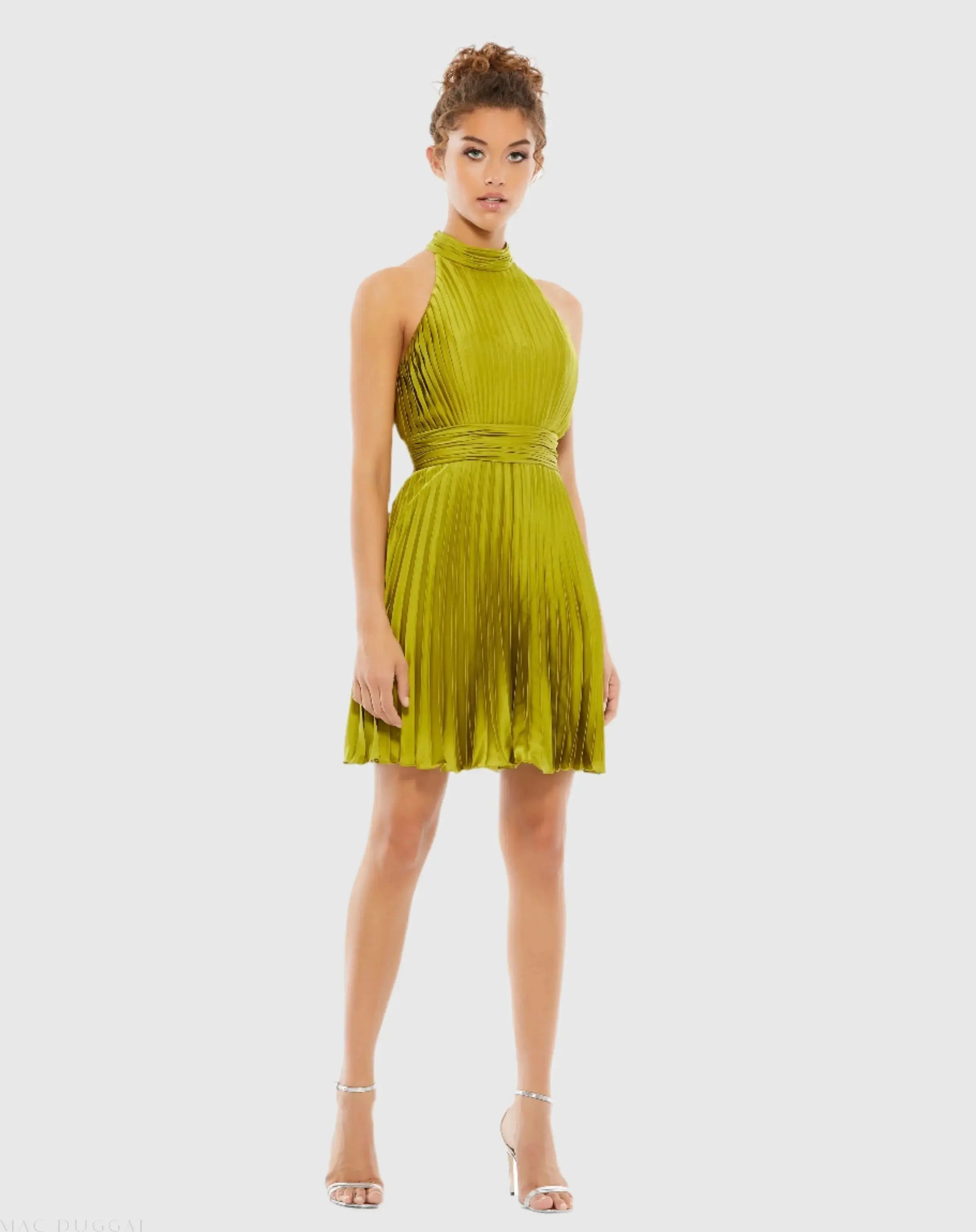 Green High Neck Pleated A-Line Mini Dress - Ieena for Mac Duggal