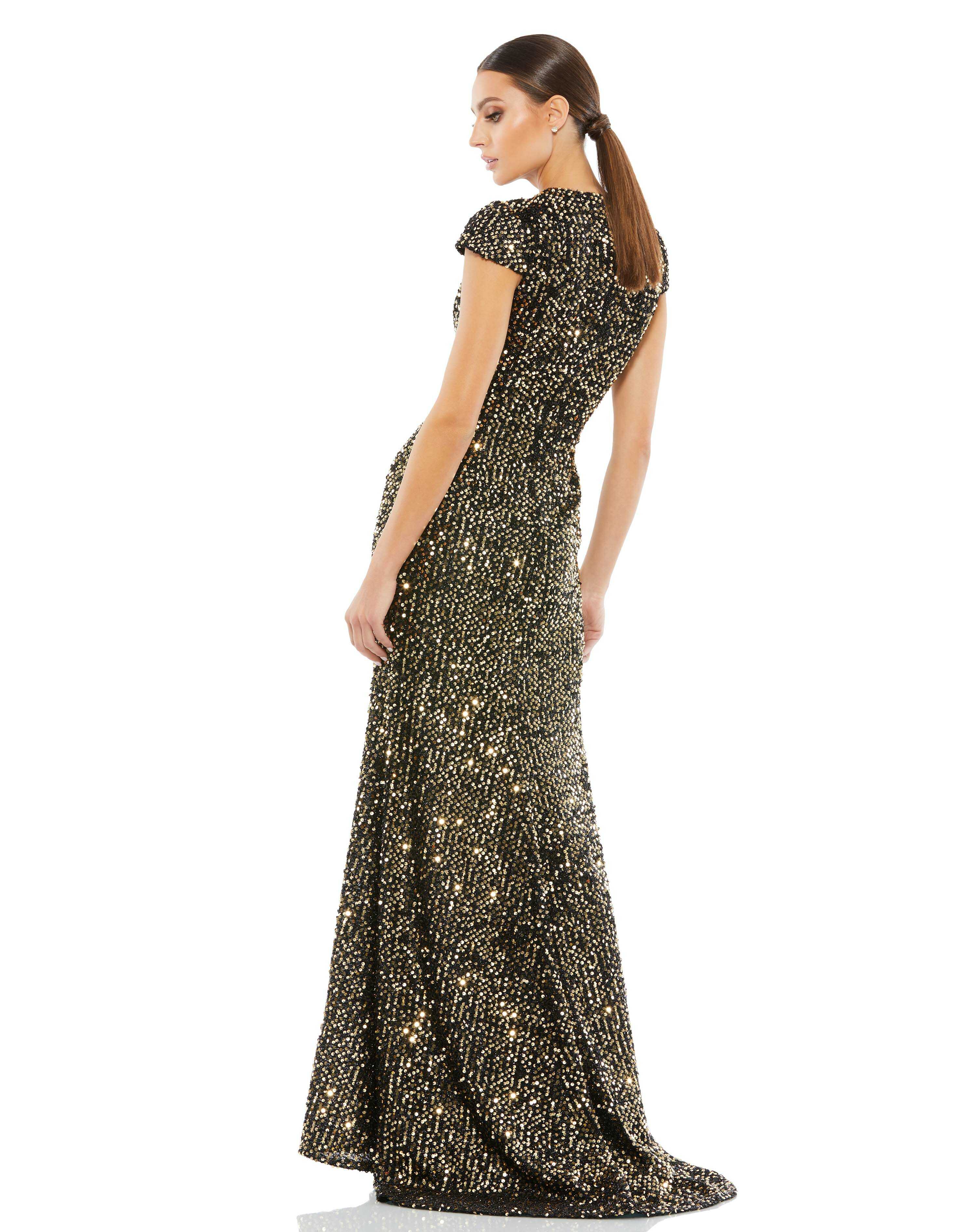 Sequined Cap Sleeve High Neck Gown