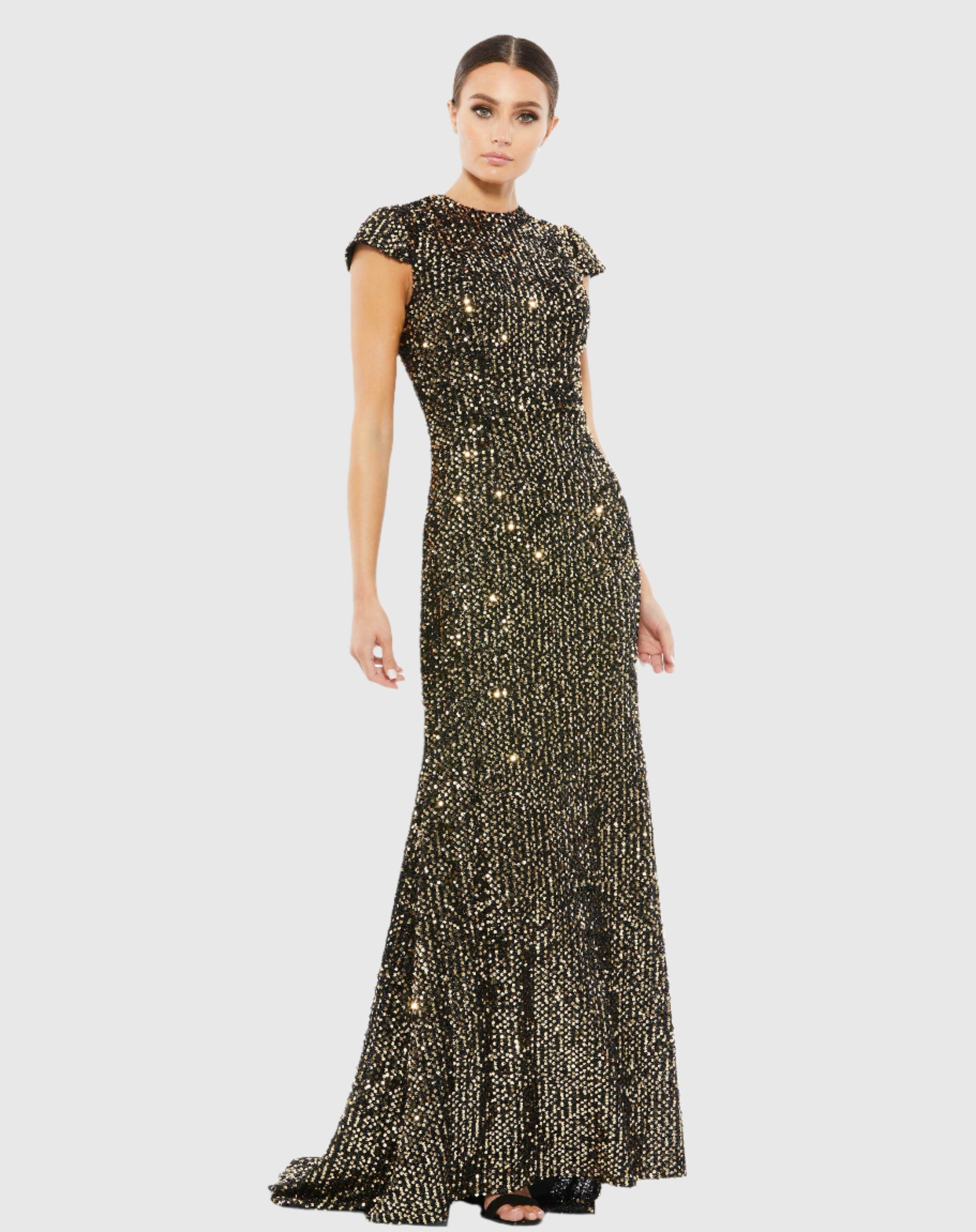 Sequined Cap Sleeve High Neck Gown