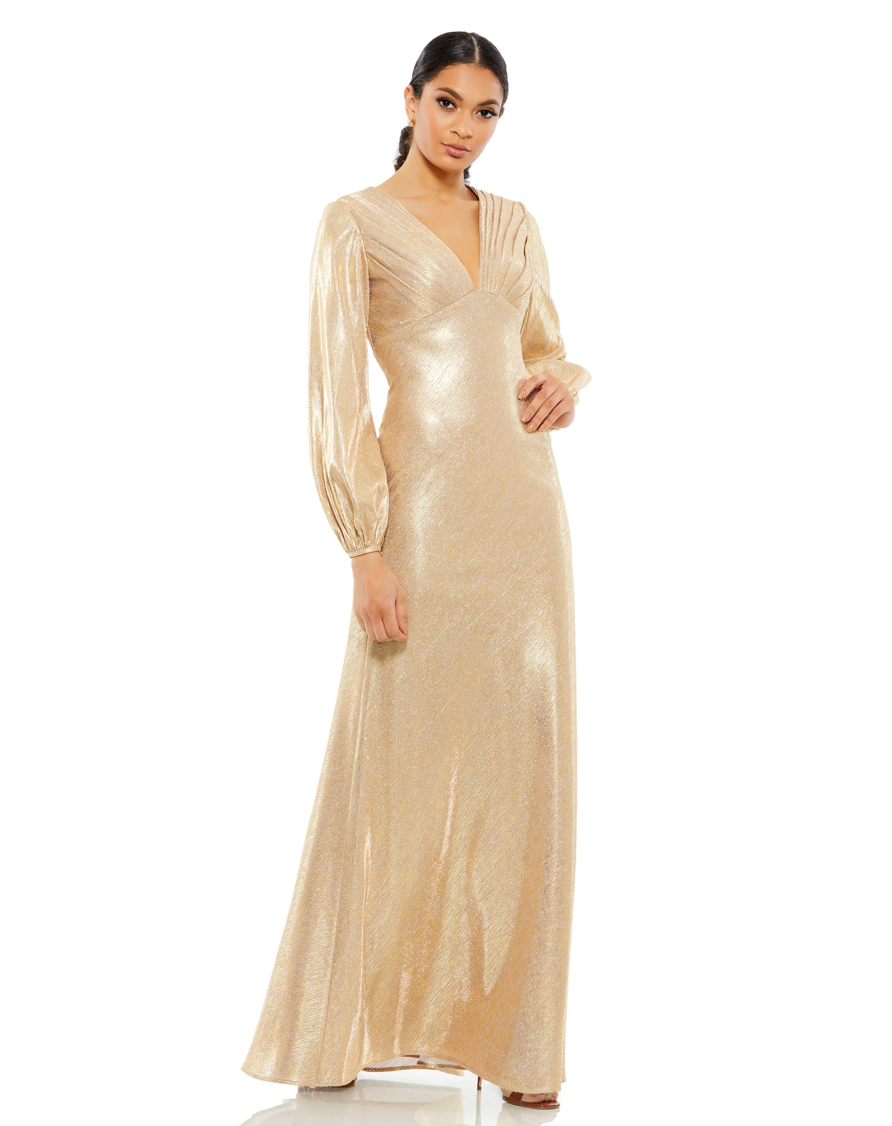 Metallic Jersey Long Sleeve Empire Waist Gown