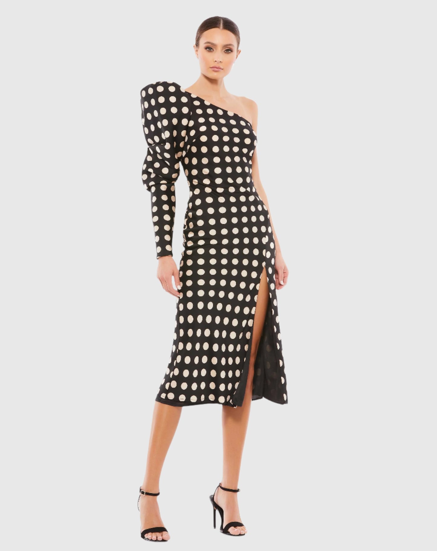 Long Puff Sleeve Polka Dot Tea Length Dress