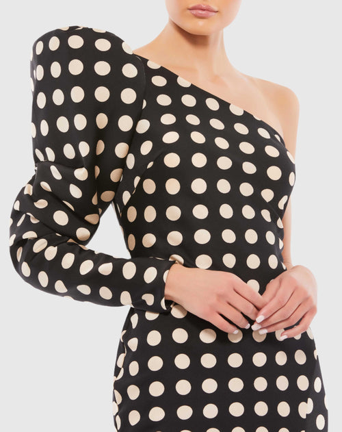 Long Puff Sleeve Polka Dot Tea Length Dress