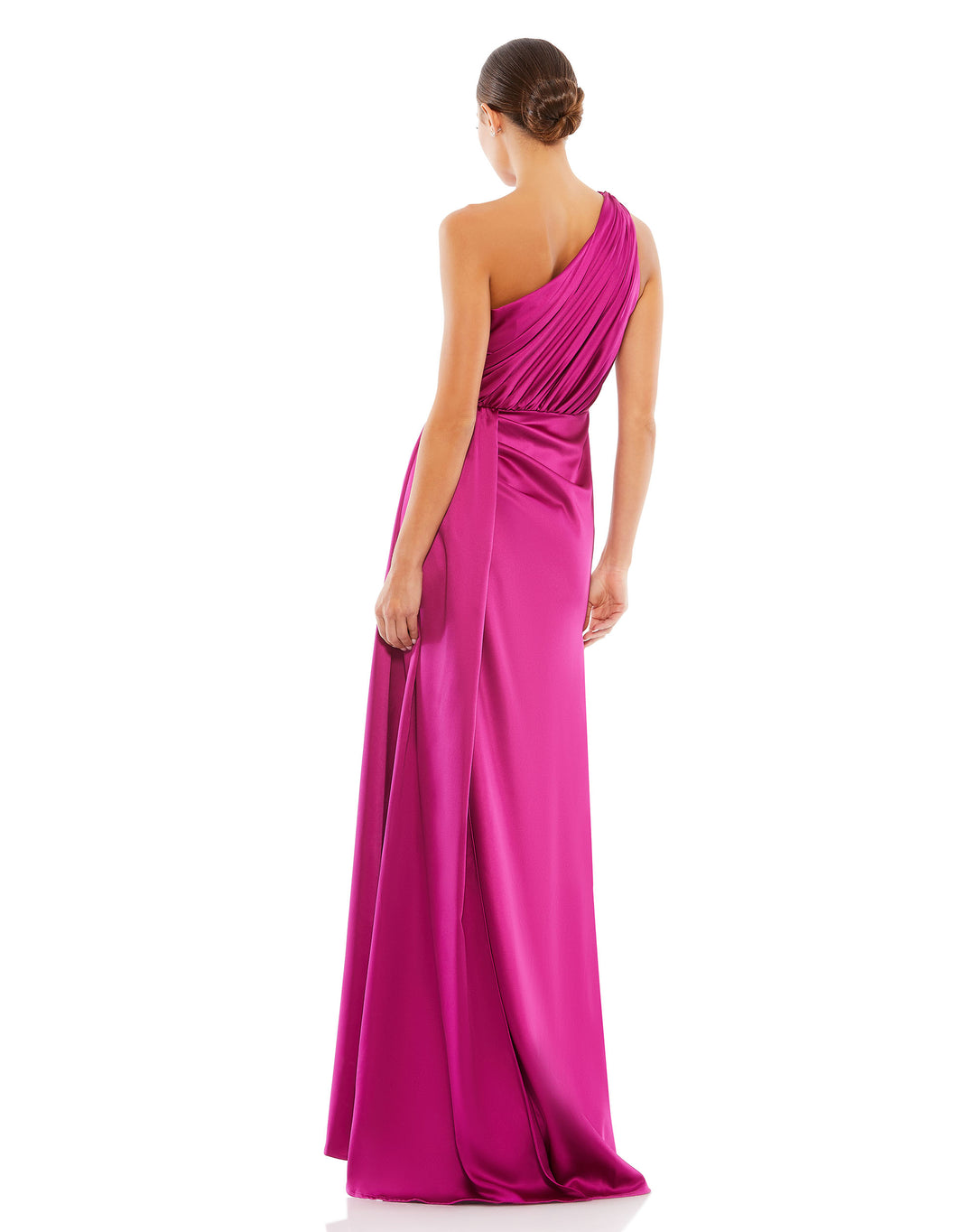 Gathered One Shoulder Satin Faux Wrap Gown – Mac Duggal