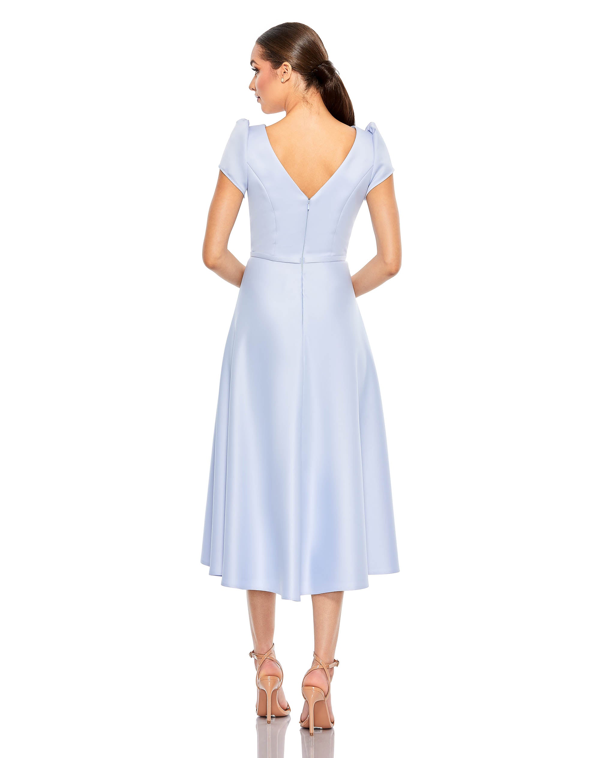 Satin Puff Shoulder Tea Length Dress