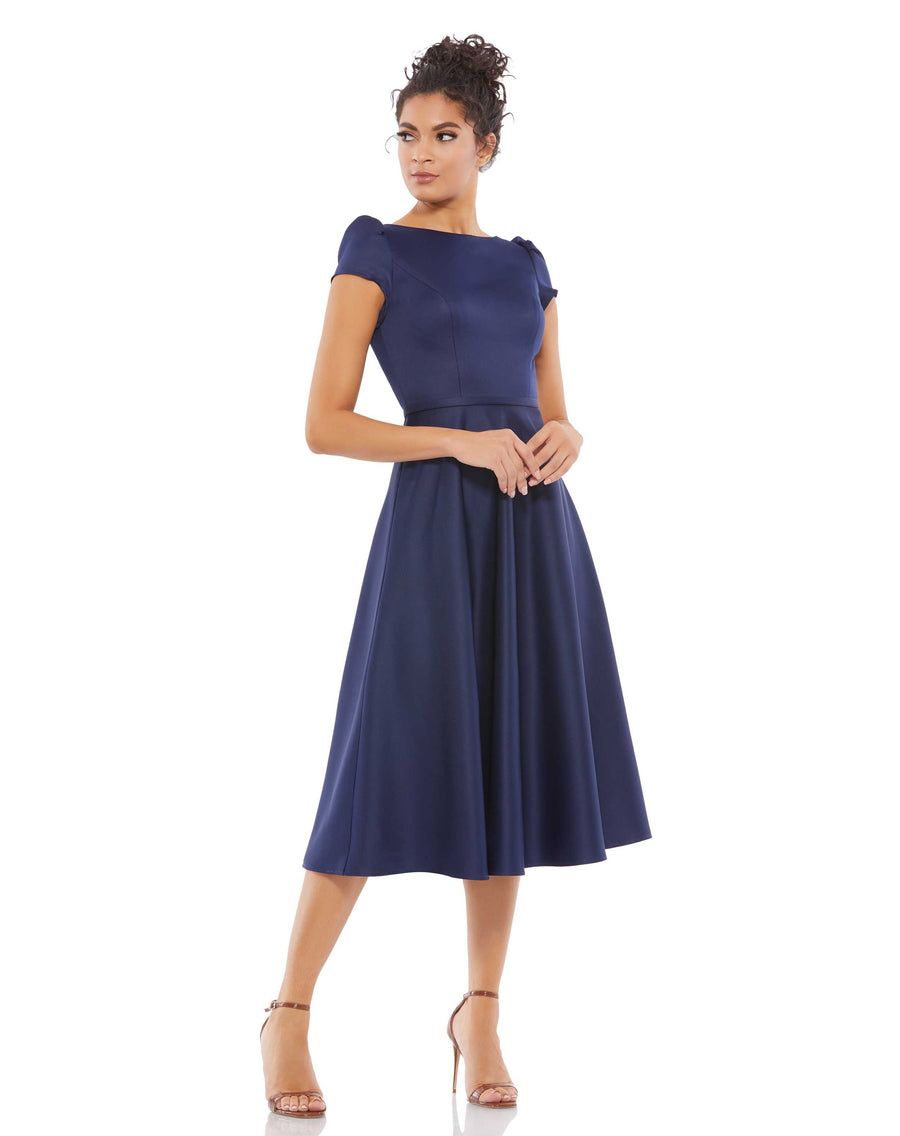 Satin Puff Shoulder Tea Length Dress – Mac Duggal