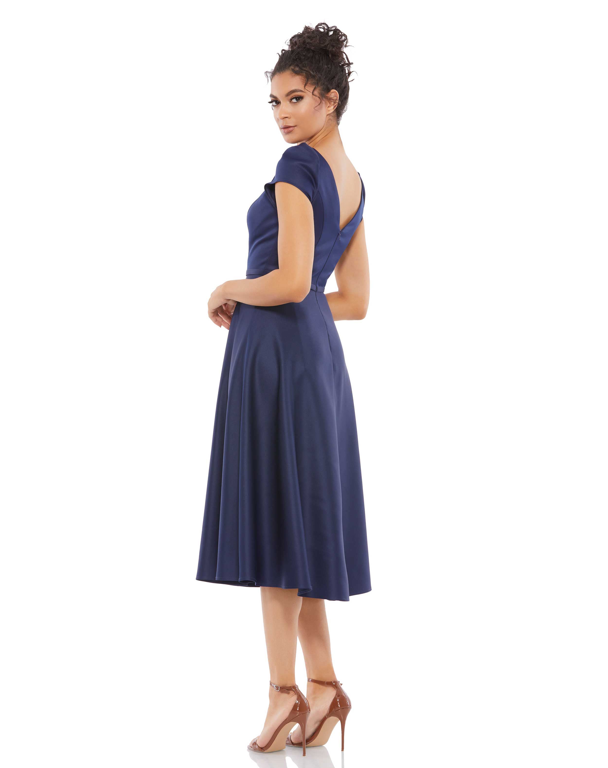 Satin Puff Shoulder Tea Length Dress