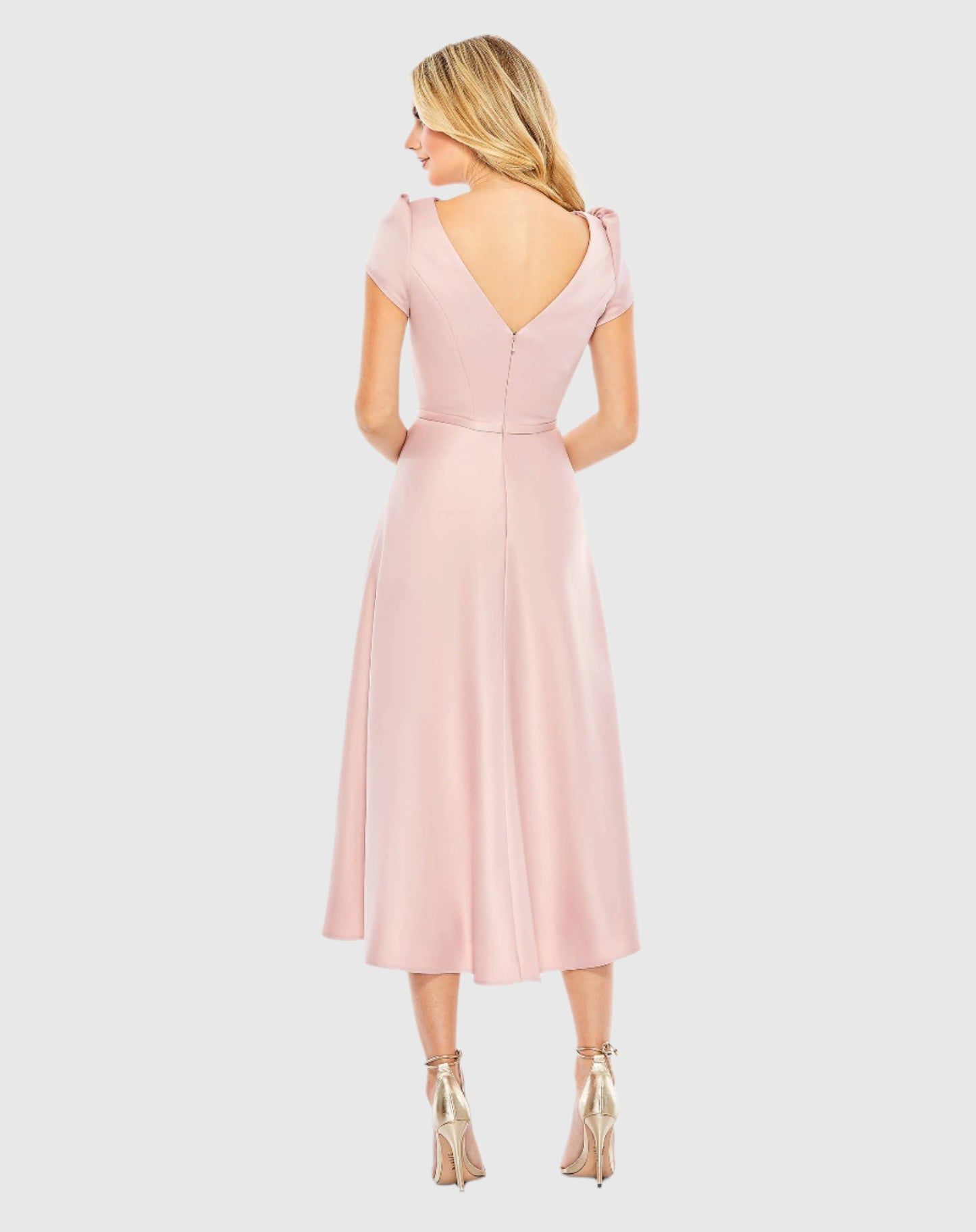 Satin Puff Shoulder Tea Length Dress