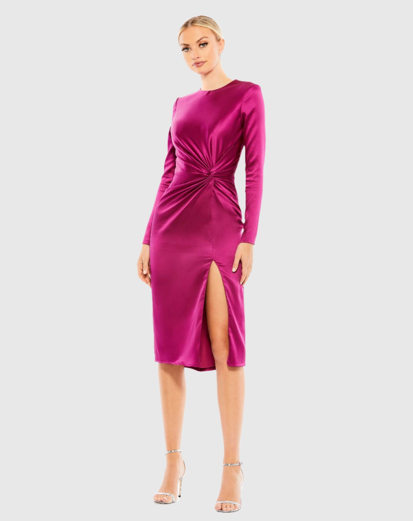 Side Twist Long Sleeve Satin Midi Dress