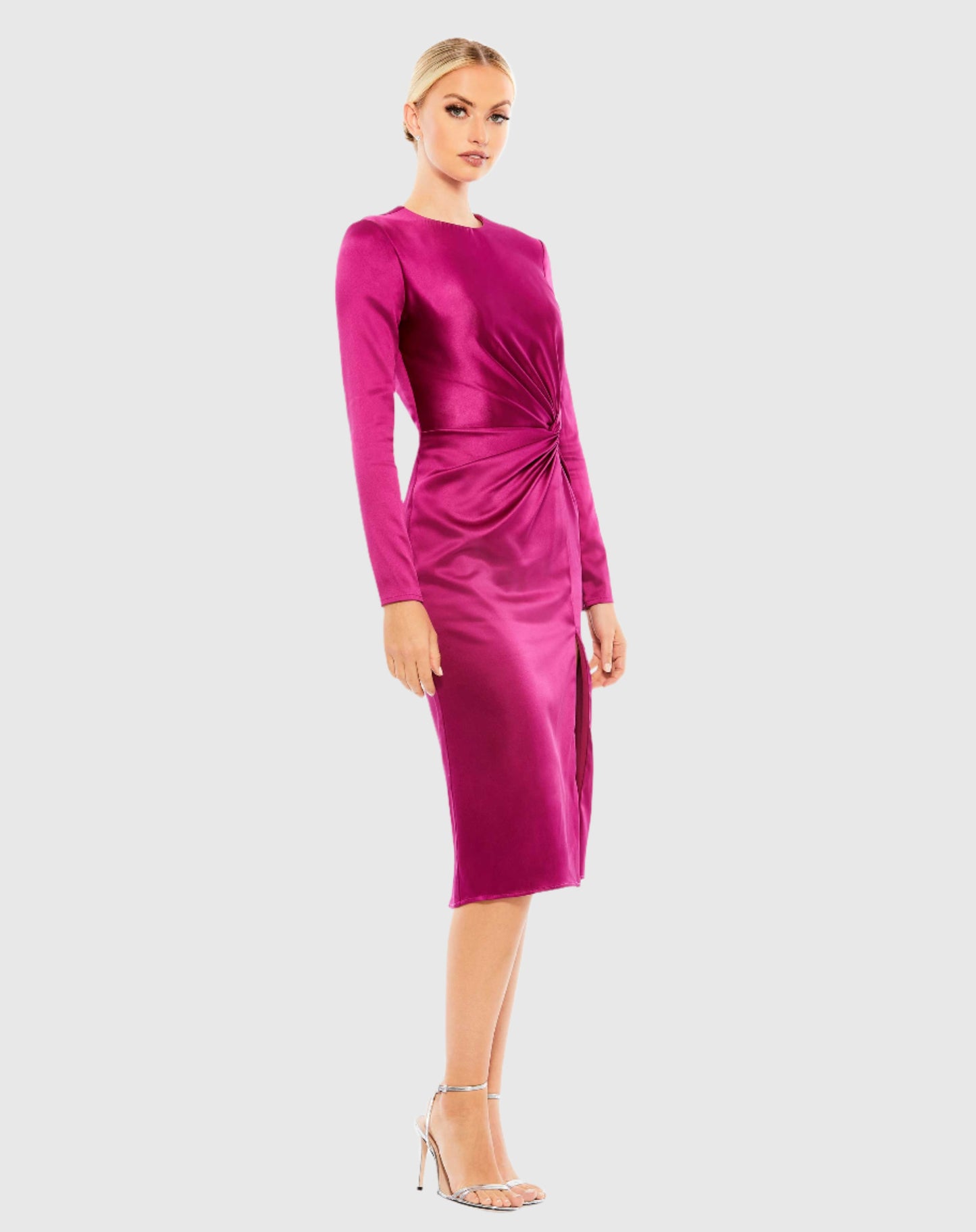 Side Twist Long Sleeve Satin Midi Dress