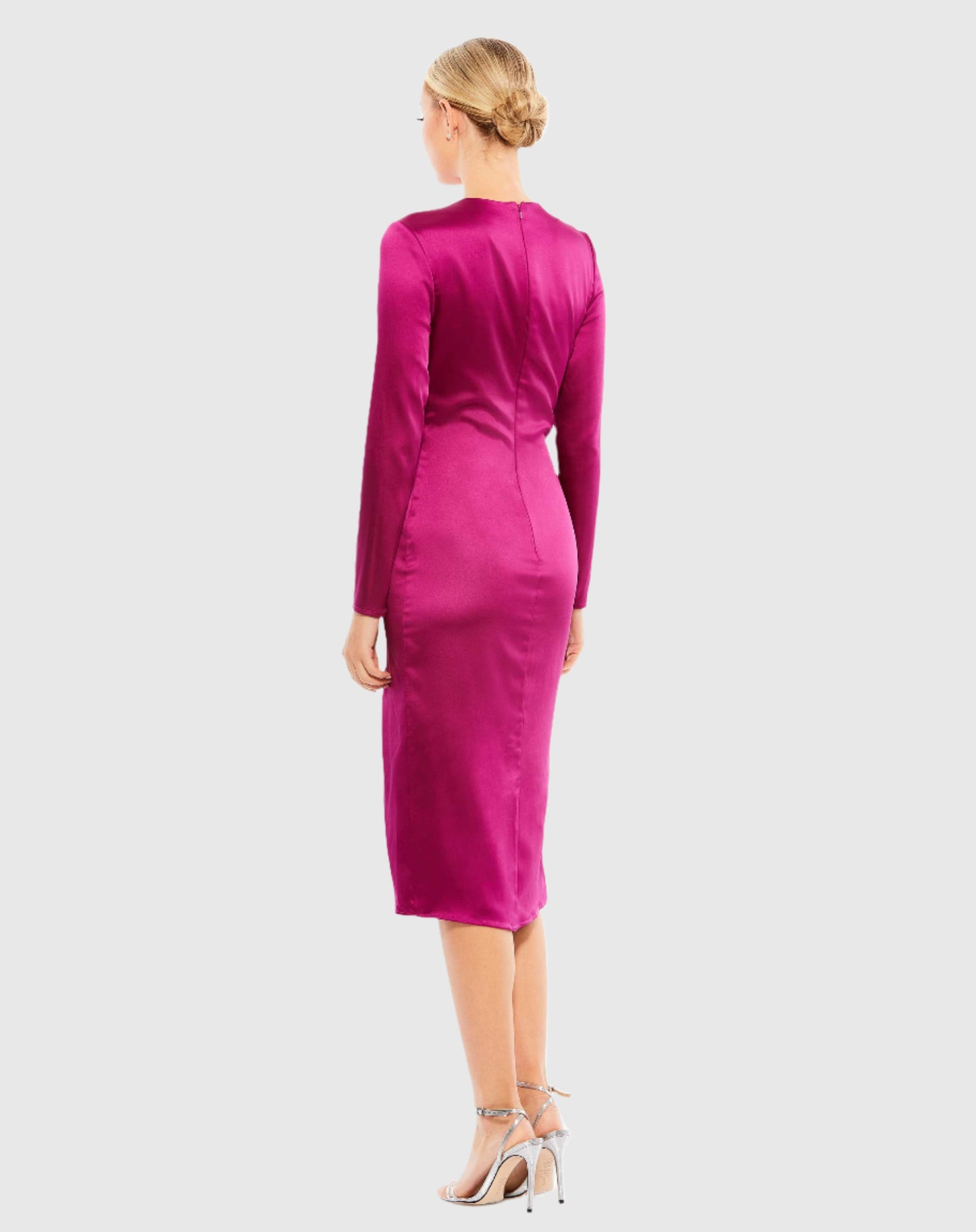 Side Twist Long Sleeve Satin Midi Dress