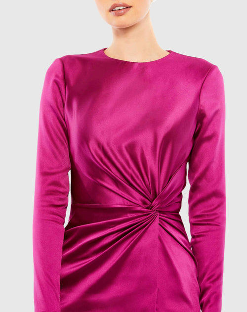 Side Twist Long Sleeve Satin Midi Dress