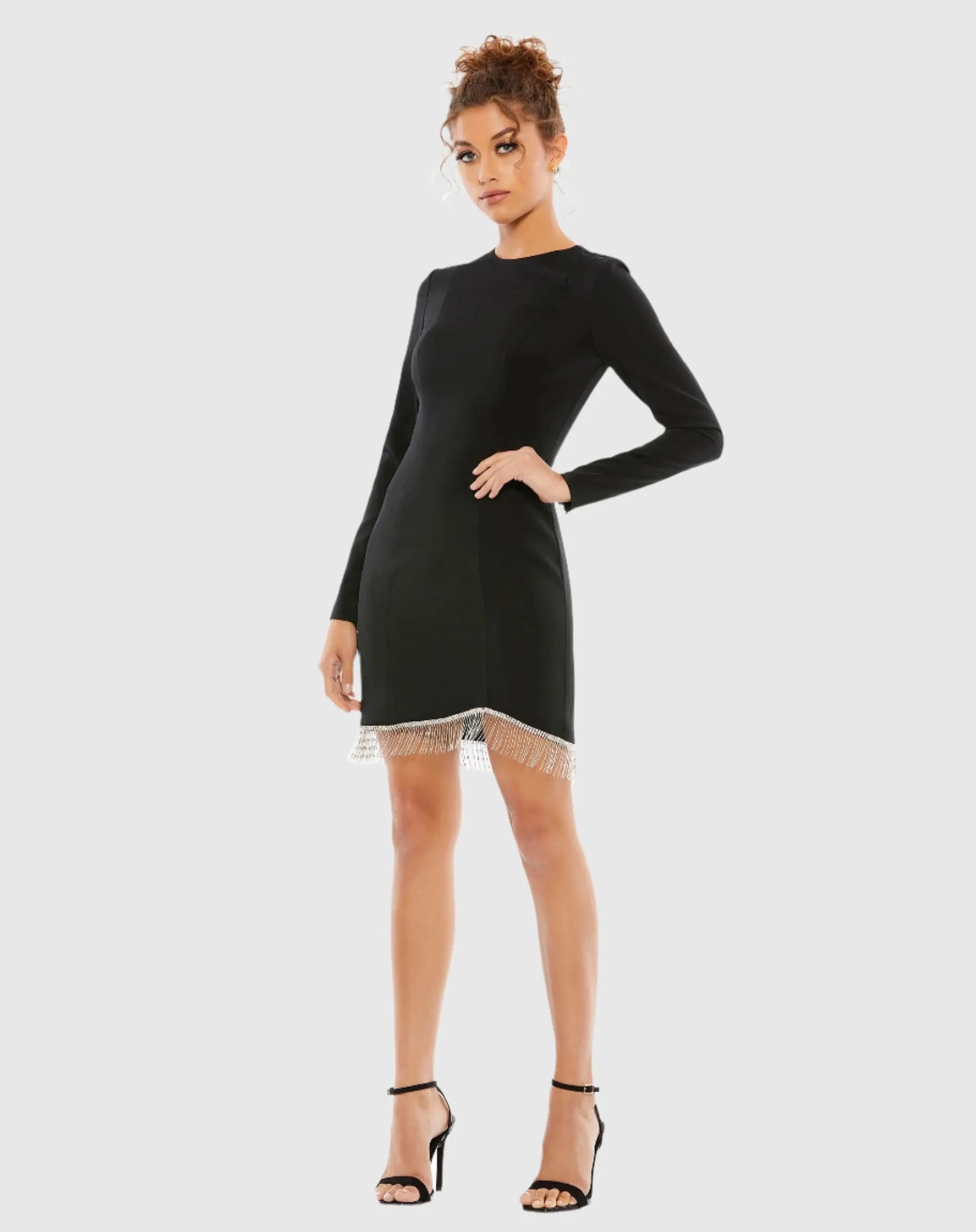 Black Long Sleeve Asymmetrical Beaded Fringe Hem Mini Dress - Ieena for Mac Duggal