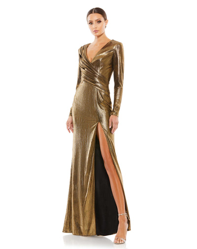 Metallic Long Sleeve Asymmetrical Ruche Gown – Mac Duggal