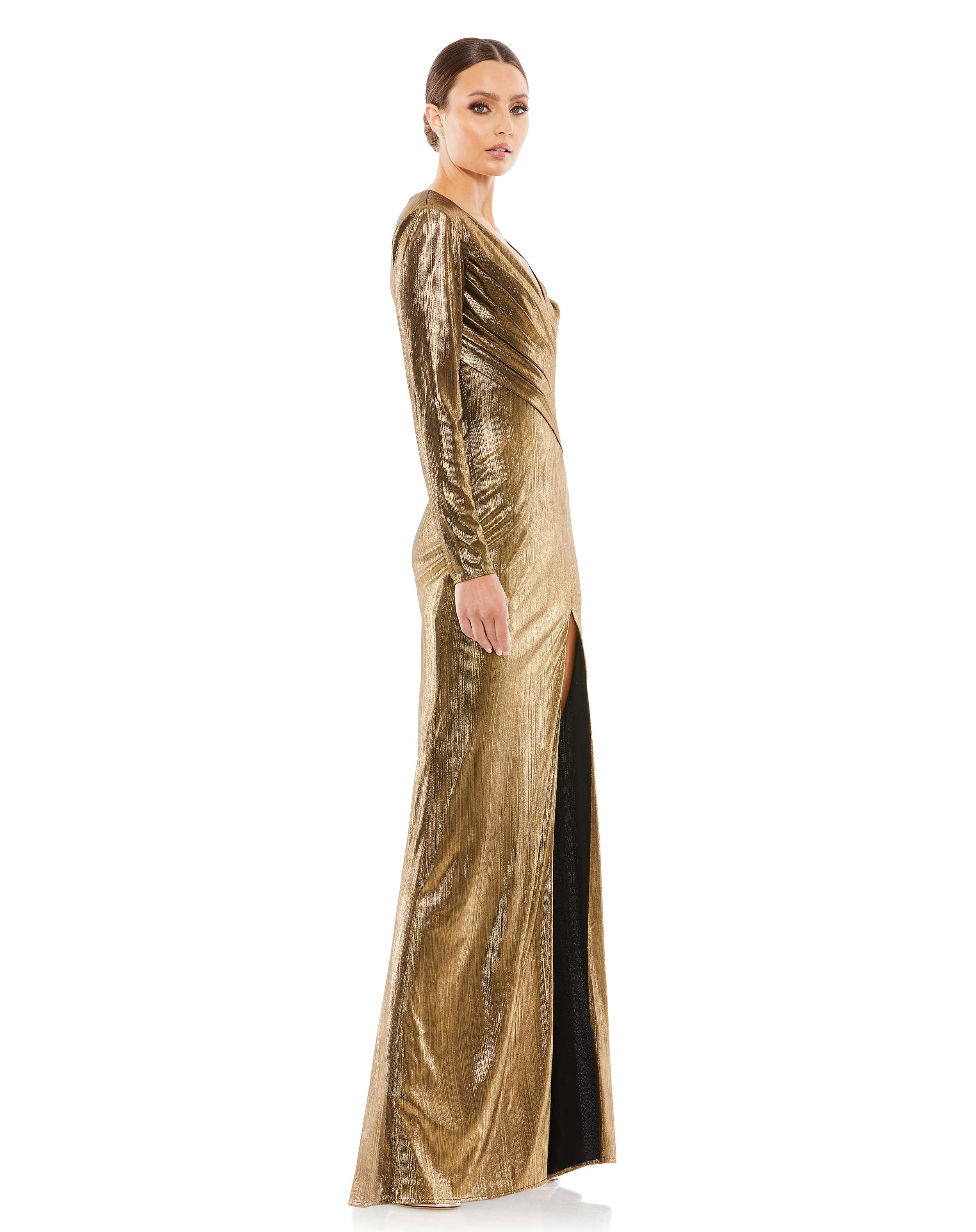 Metallic Long Sleeve Asymmetrical Ruched Gown