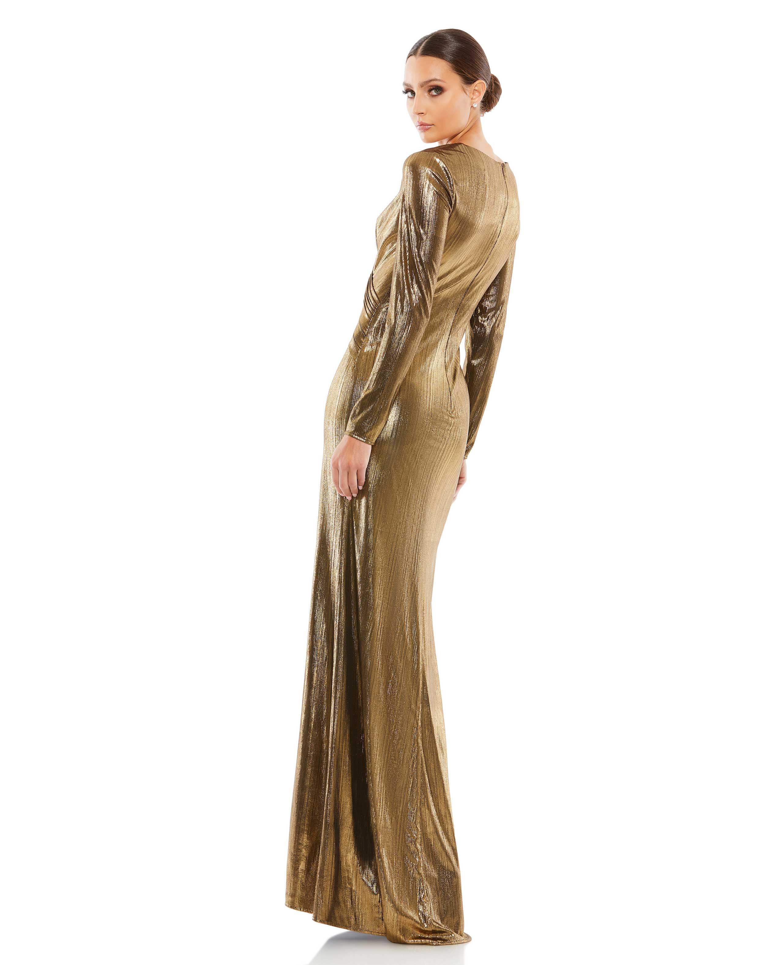 Metallic Long Sleeve Asymmetrical Ruched Gown