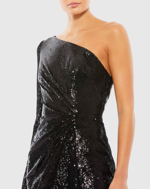 Robe midi froncée à paillettes et asymétrique épaule dénudée