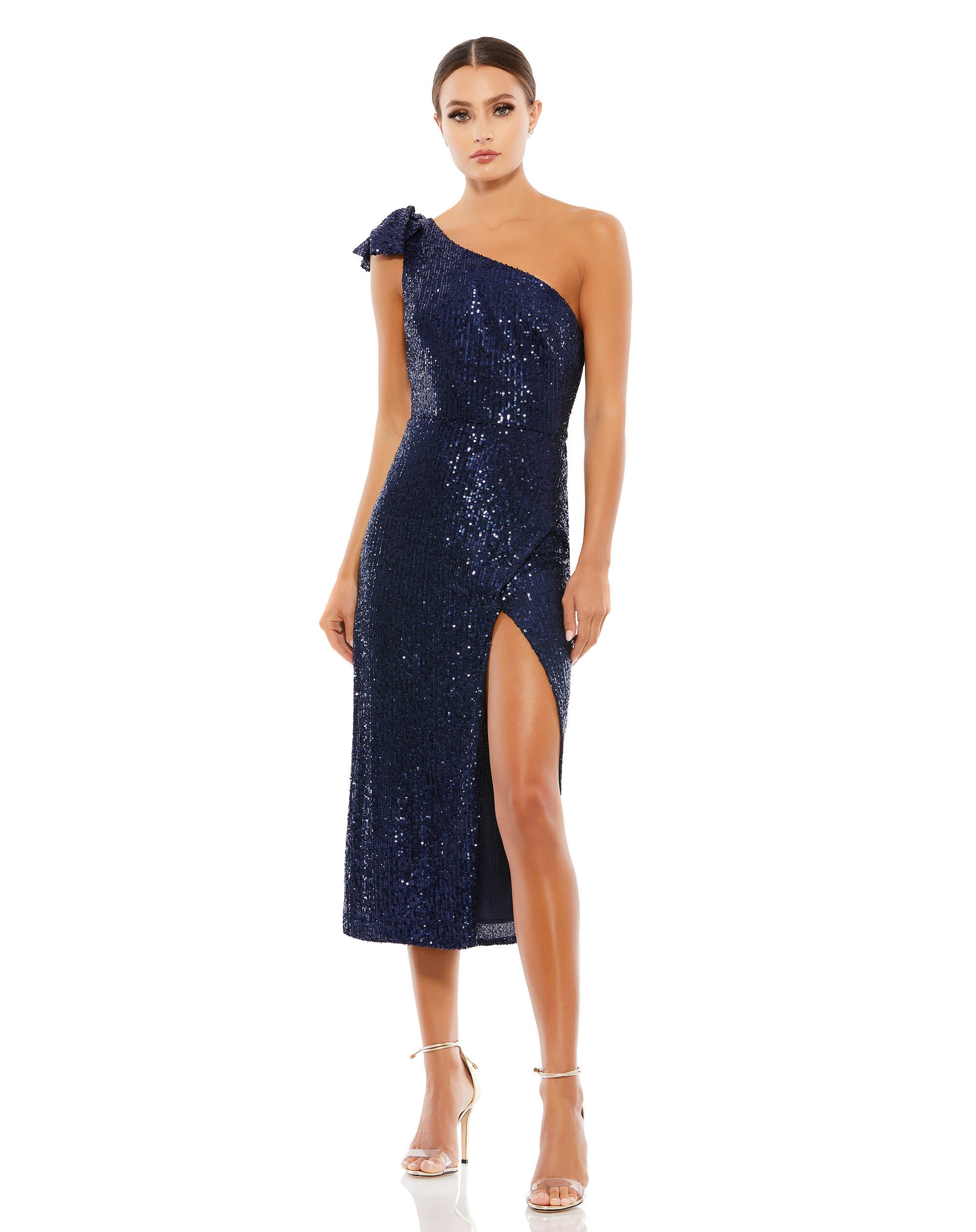 Sequined One Shoulder Bow Midi Dress