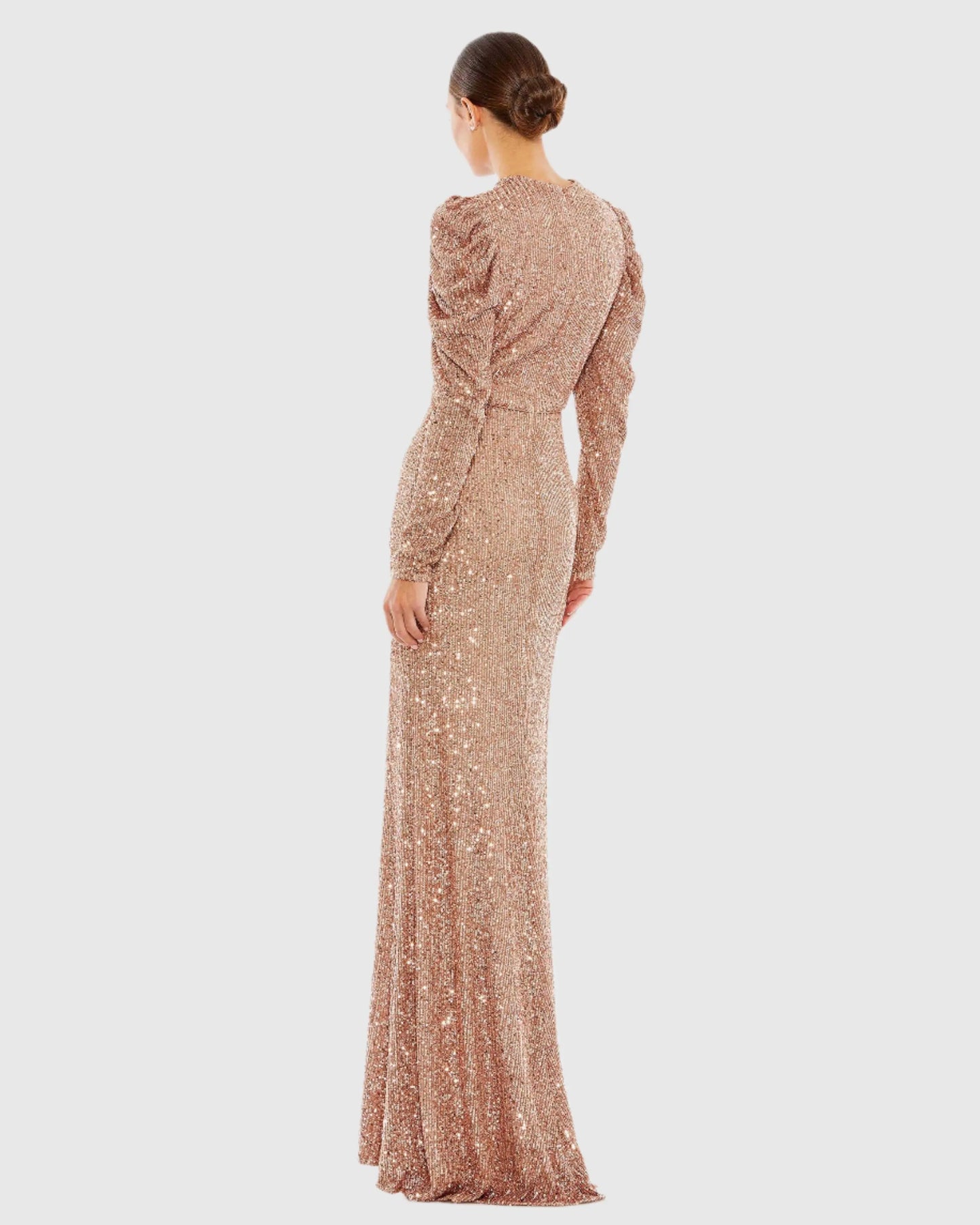 Pink Sequined High Neck Puff Long Sleeve Column Gown - Mac Duggal