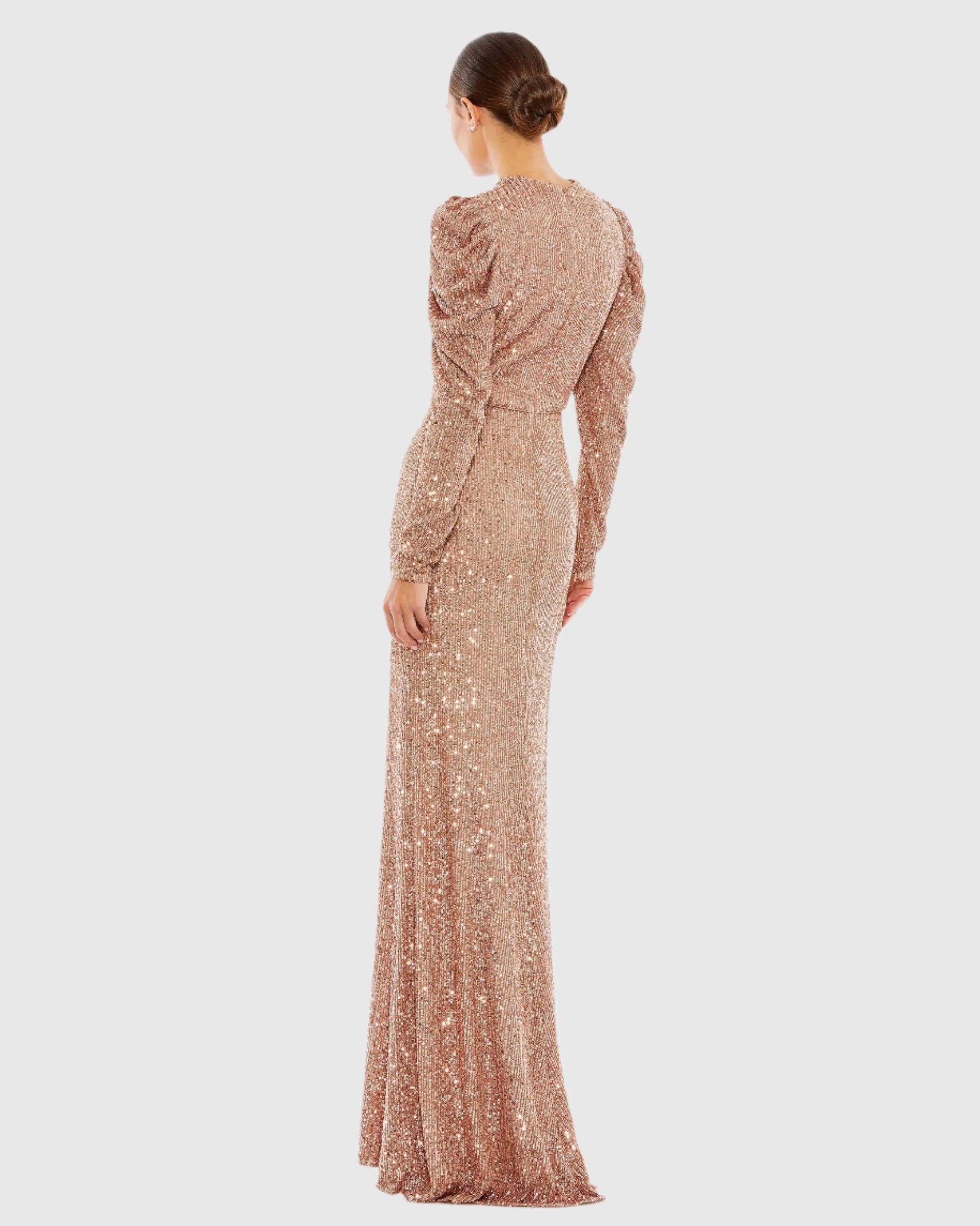 Pink Sequined High Neck Puff Long Sleeve Column Gown - Mac Duggal
