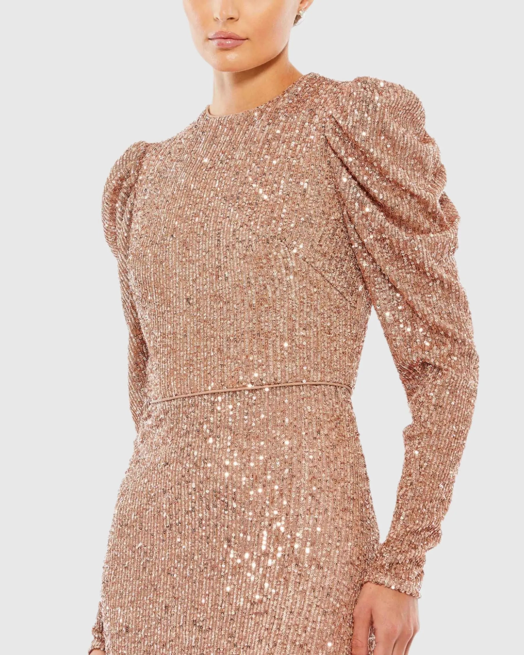 Pink Sequined High Neck Puff Long Sleeve Column Gown - Mac Duggal
