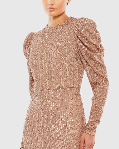 Pink Sequined High Neck Puff Long Sleeve Column Gown - Mac Duggal