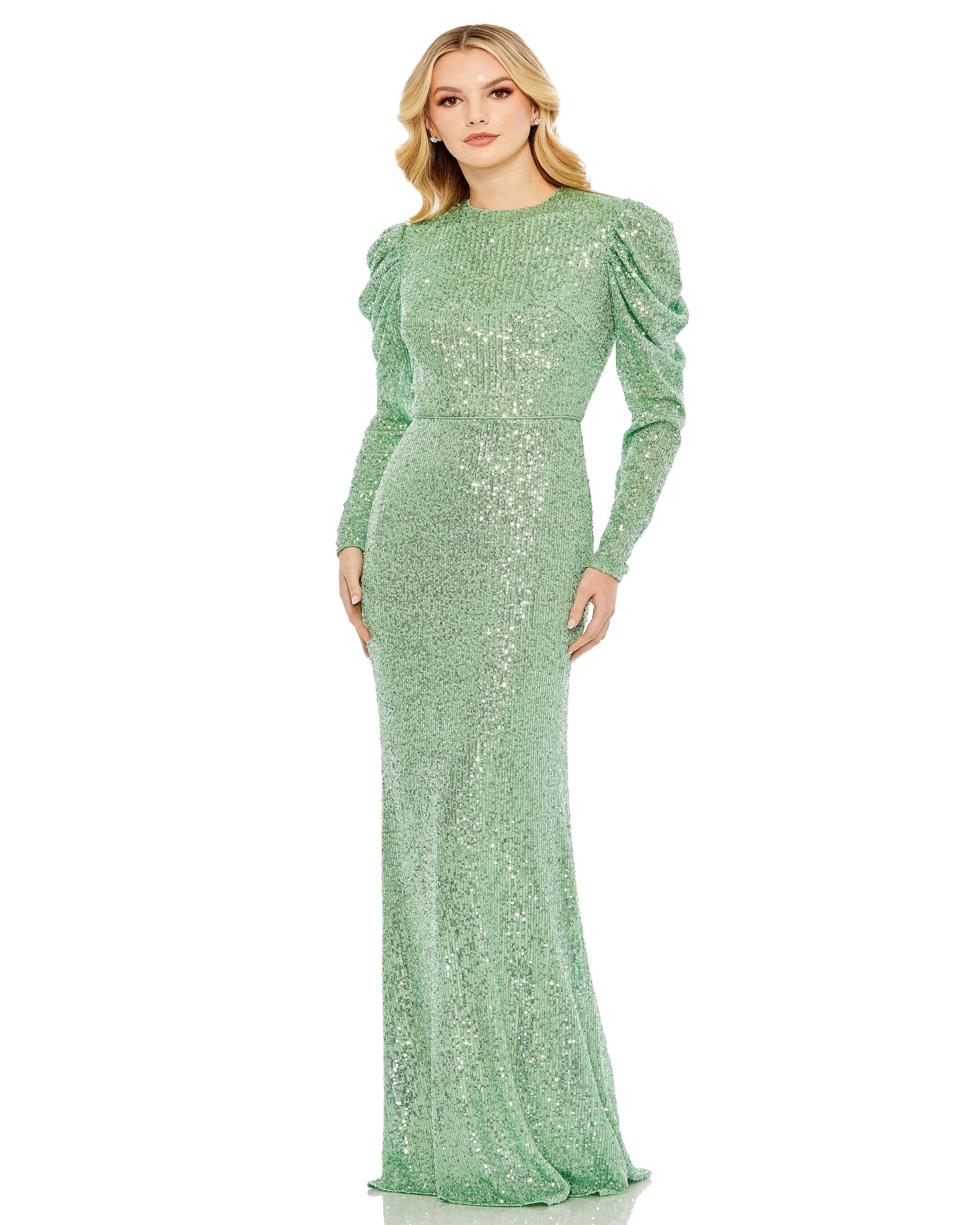 Sequined High Neck Puff Long Sleeve Column Gown