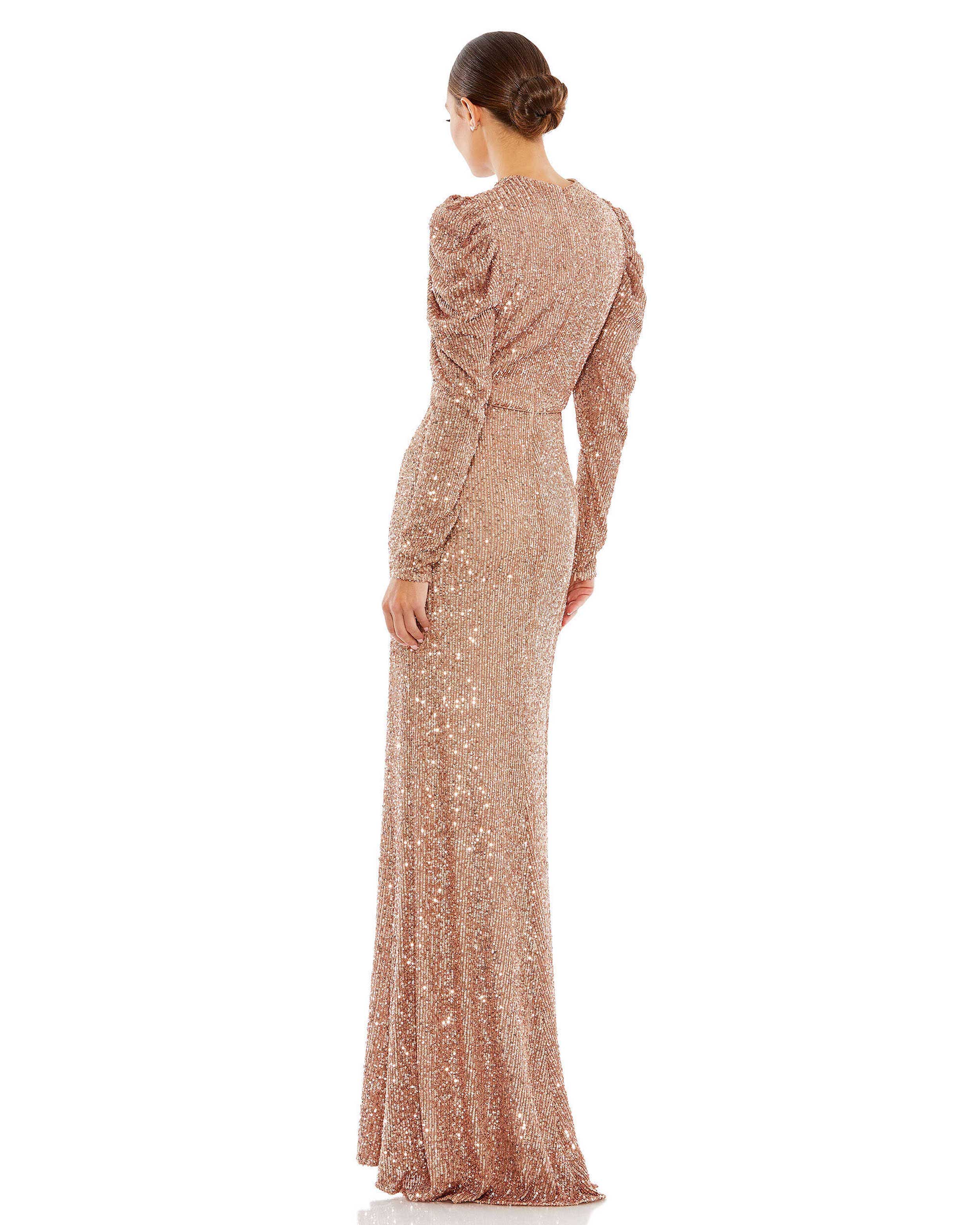 Sequined High Neck Puff Long Sleeve Column Gown