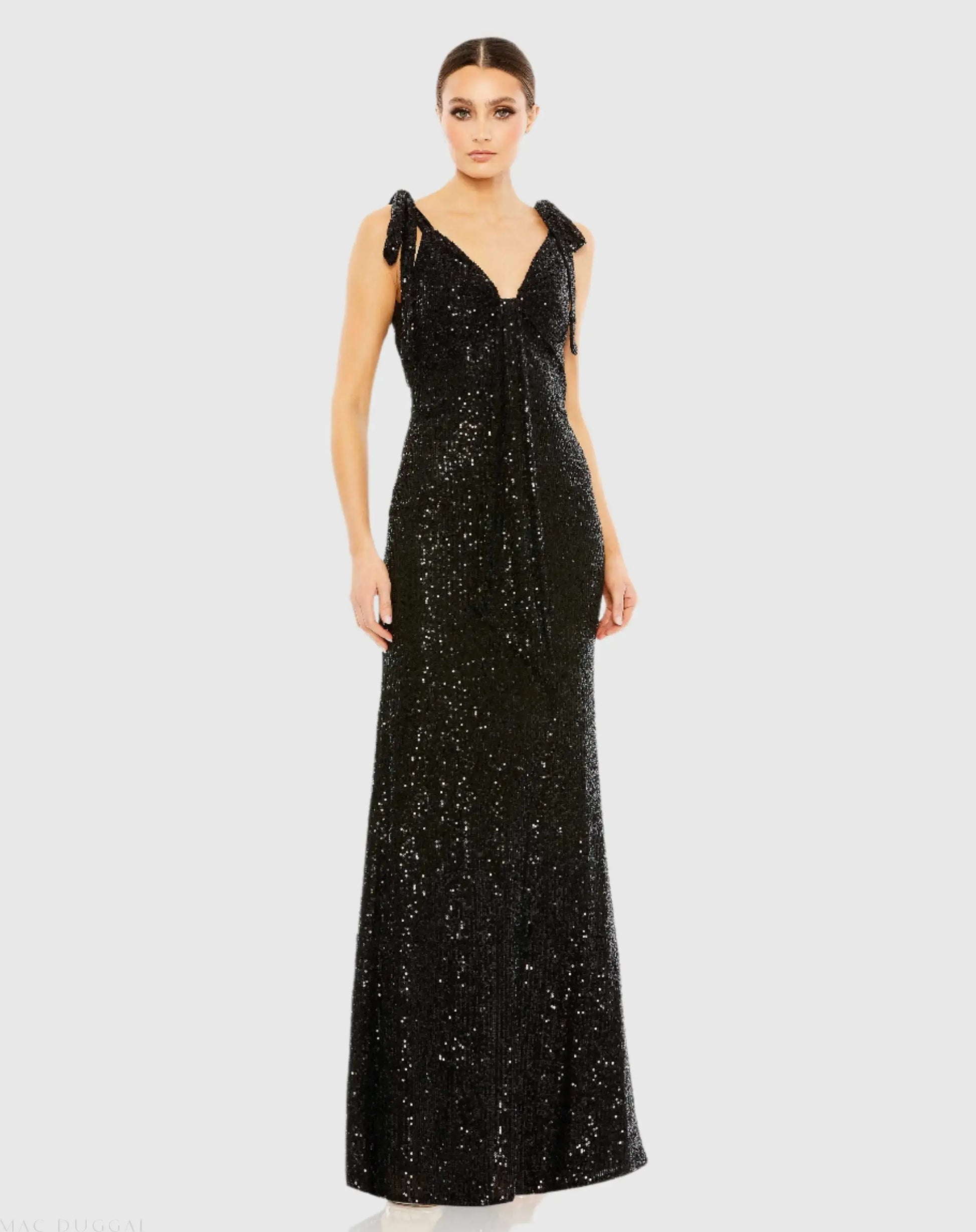 Black Sequined Low Back Bow Shoulder Gown - Mac Duggal
