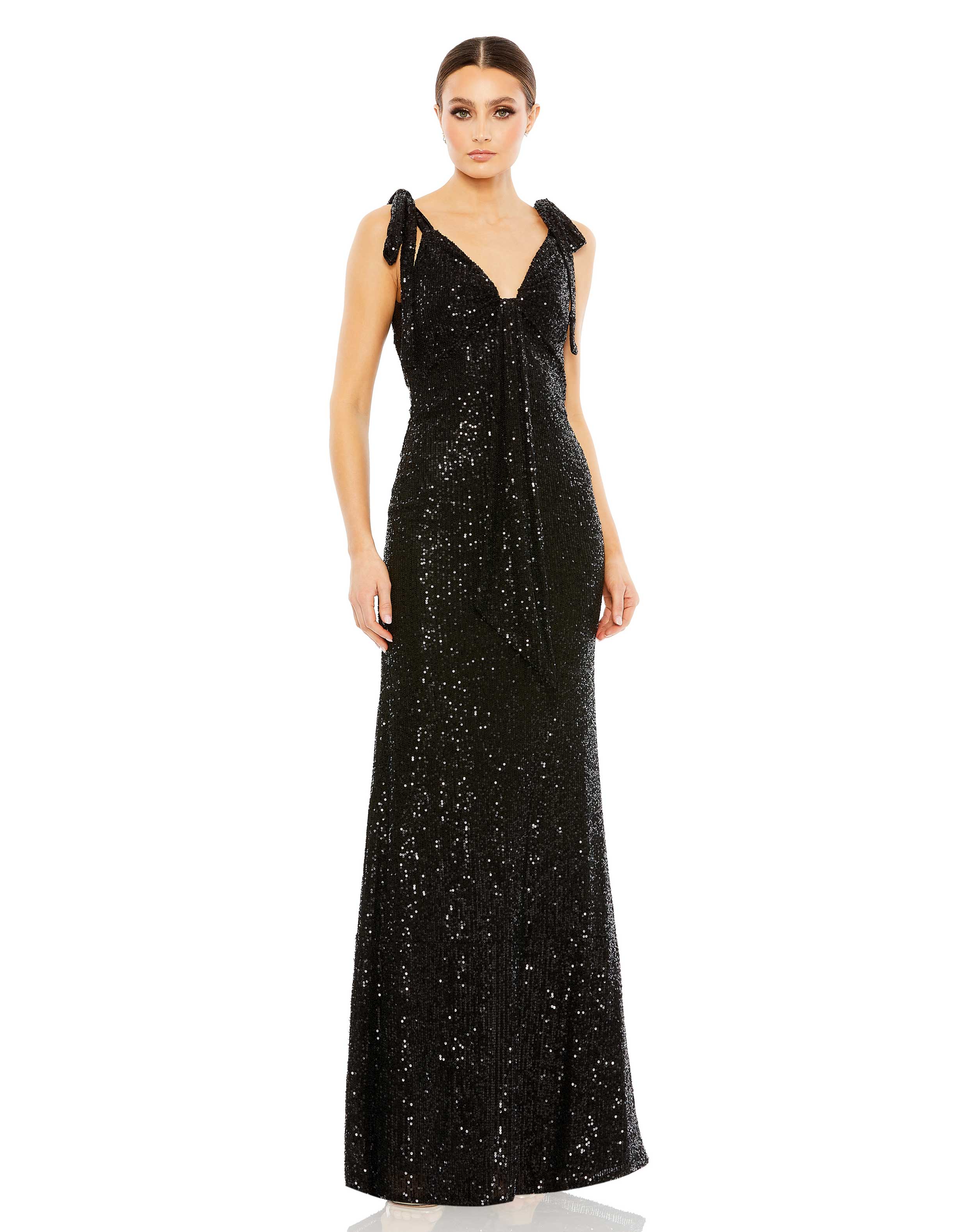 Sequined Low Back Bow Shoulder Gown - FINAL SALE