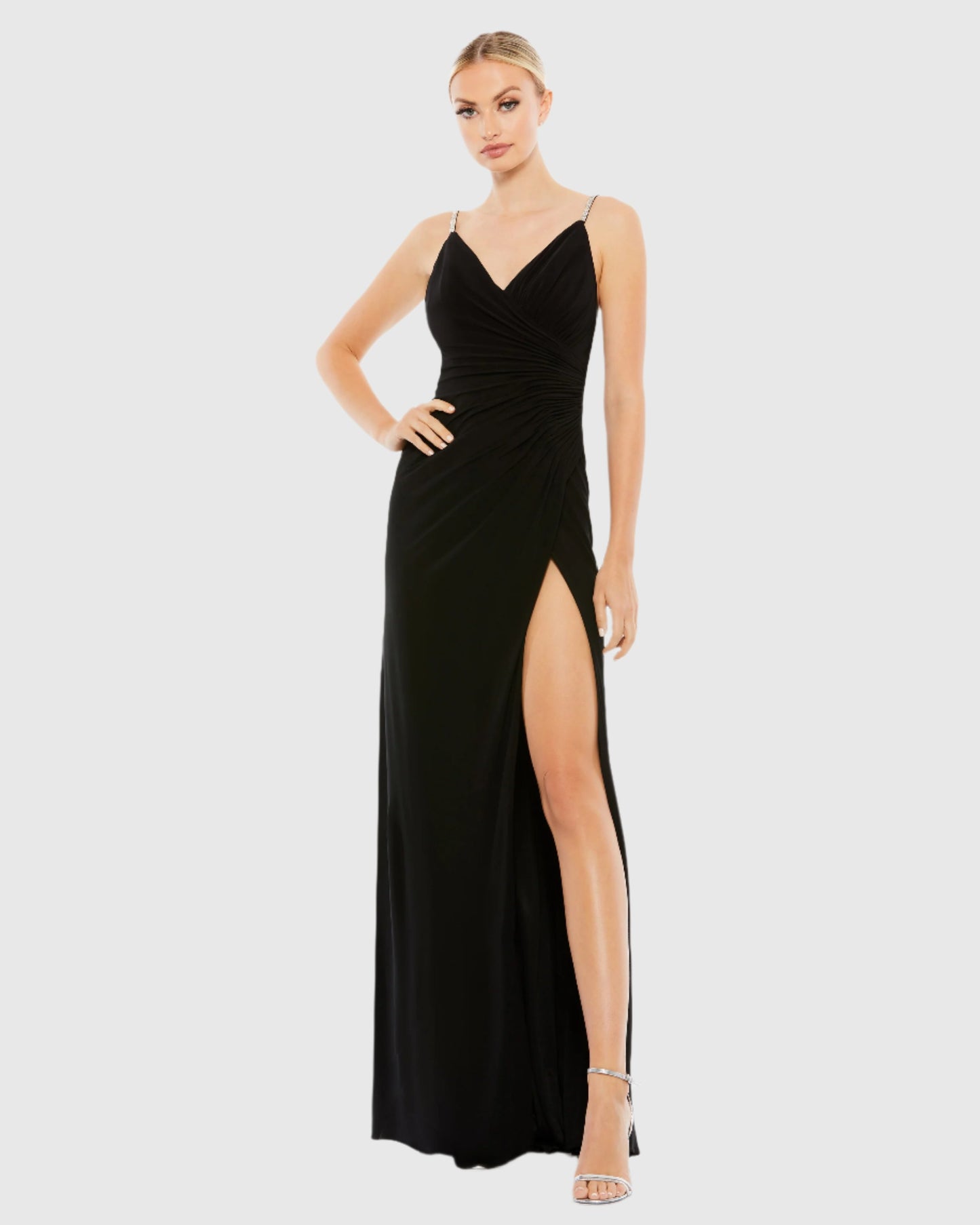 Black Faux Wrap V Neck Open Back Gown