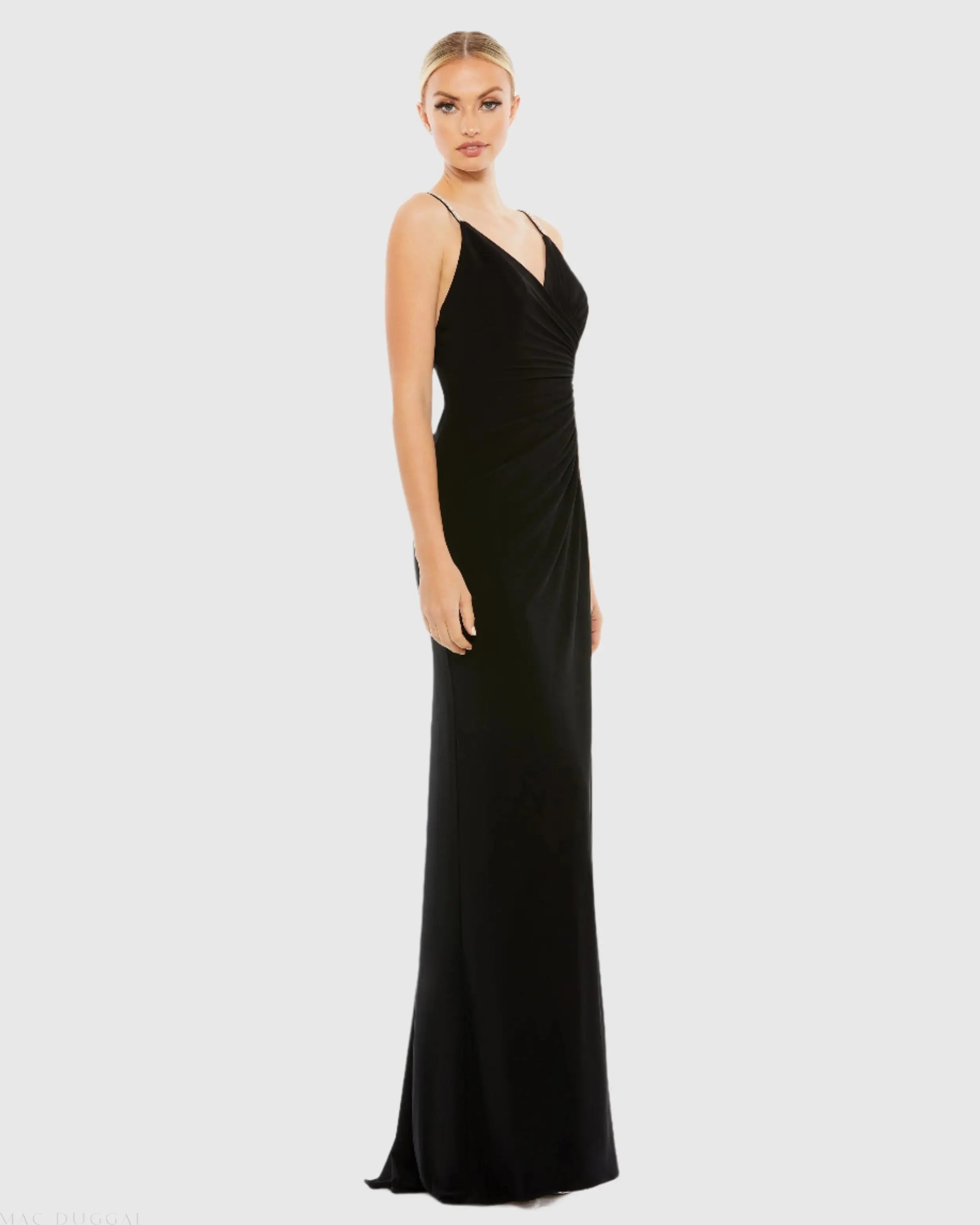 Black Faux Wrap V Neck Open Back Gown - FINAL SALE - Mac Duggal