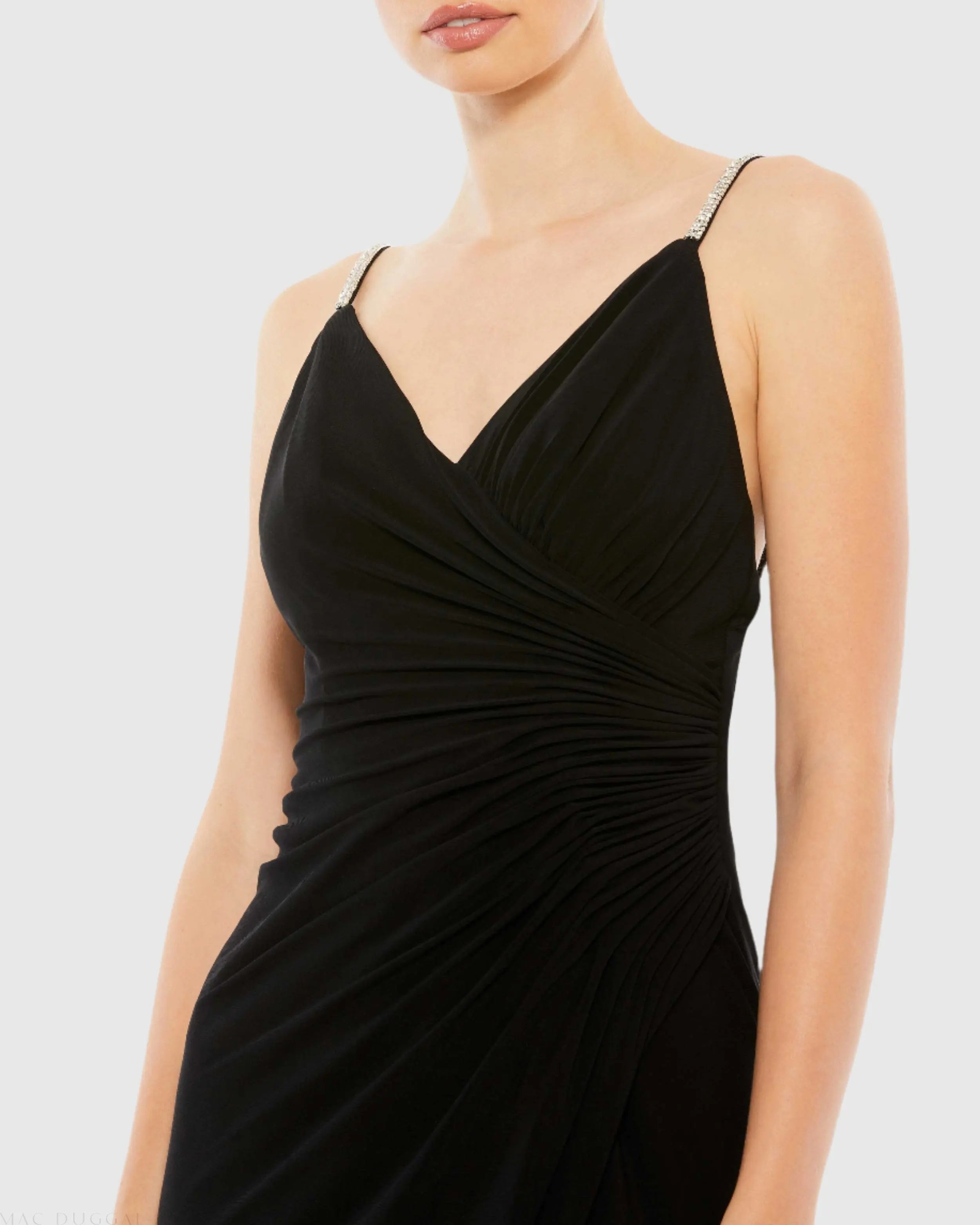 Black Faux Wrap V Neck Open Back Gown - FINAL SALE - Mac Duggal
