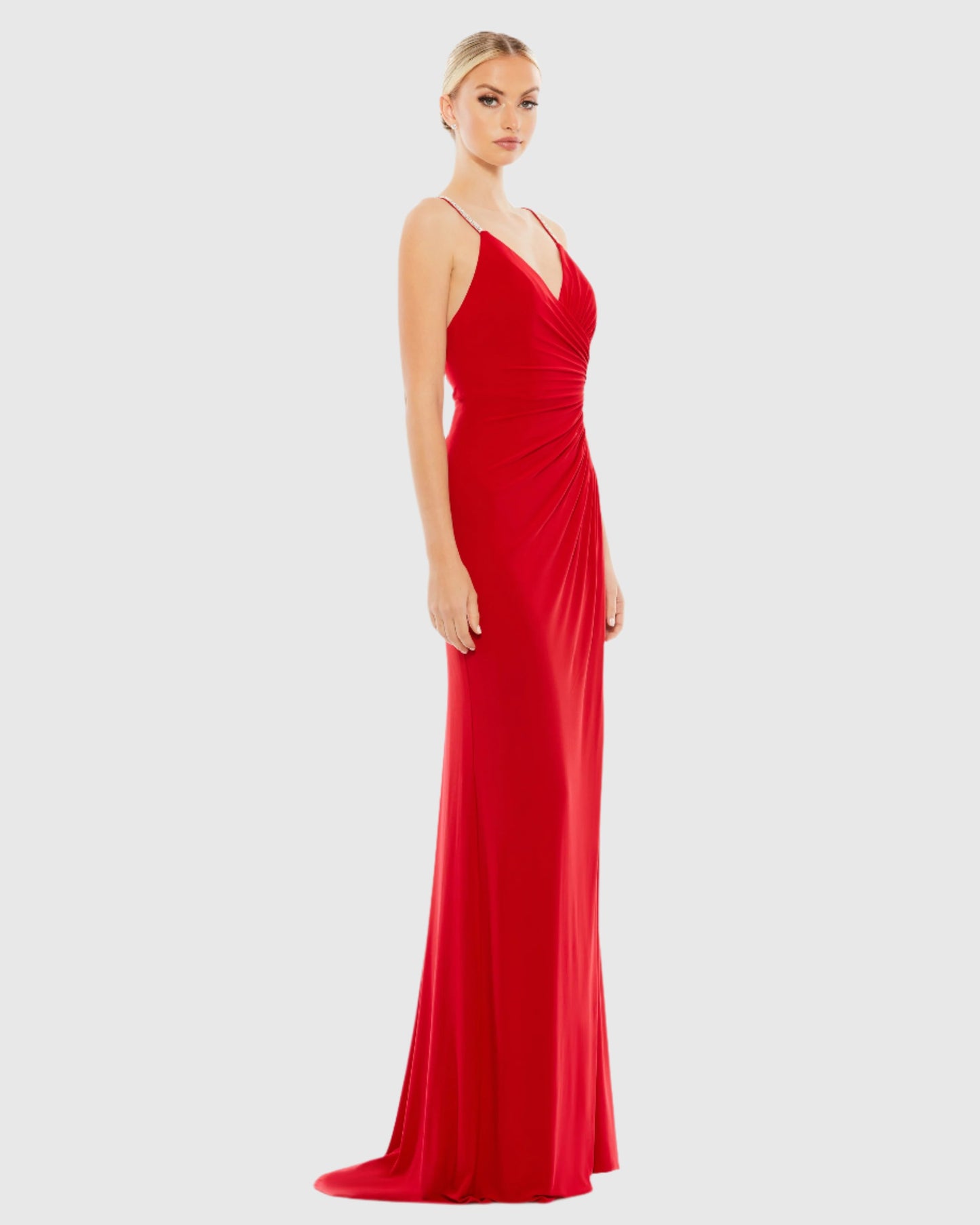 Red Faux Wrap V Neck Open Back Gown