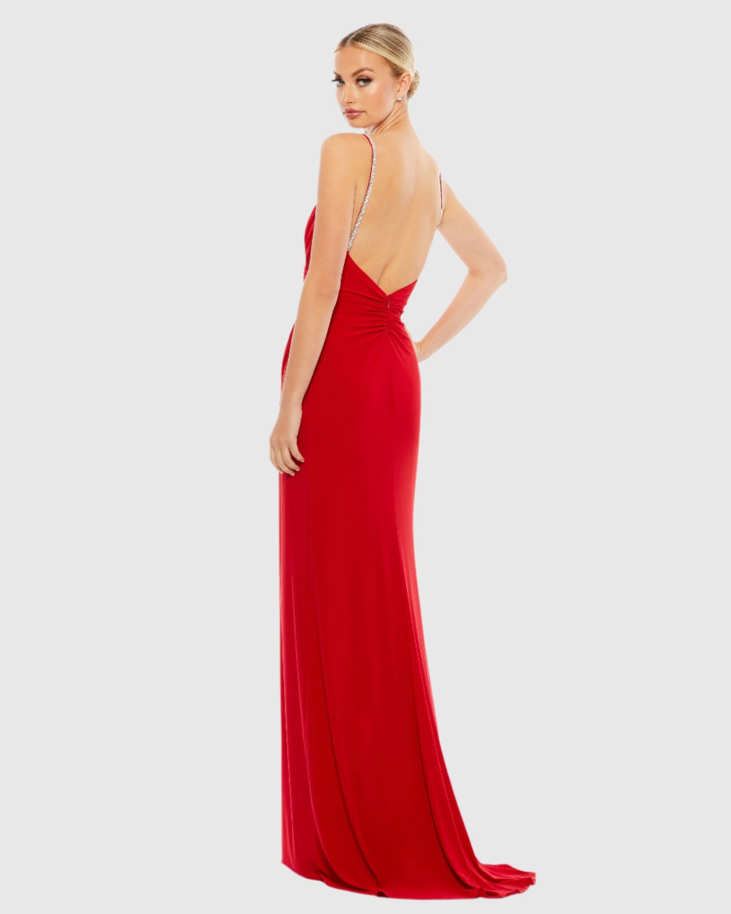 Red Faux Wrap V Neck Open Back Gown