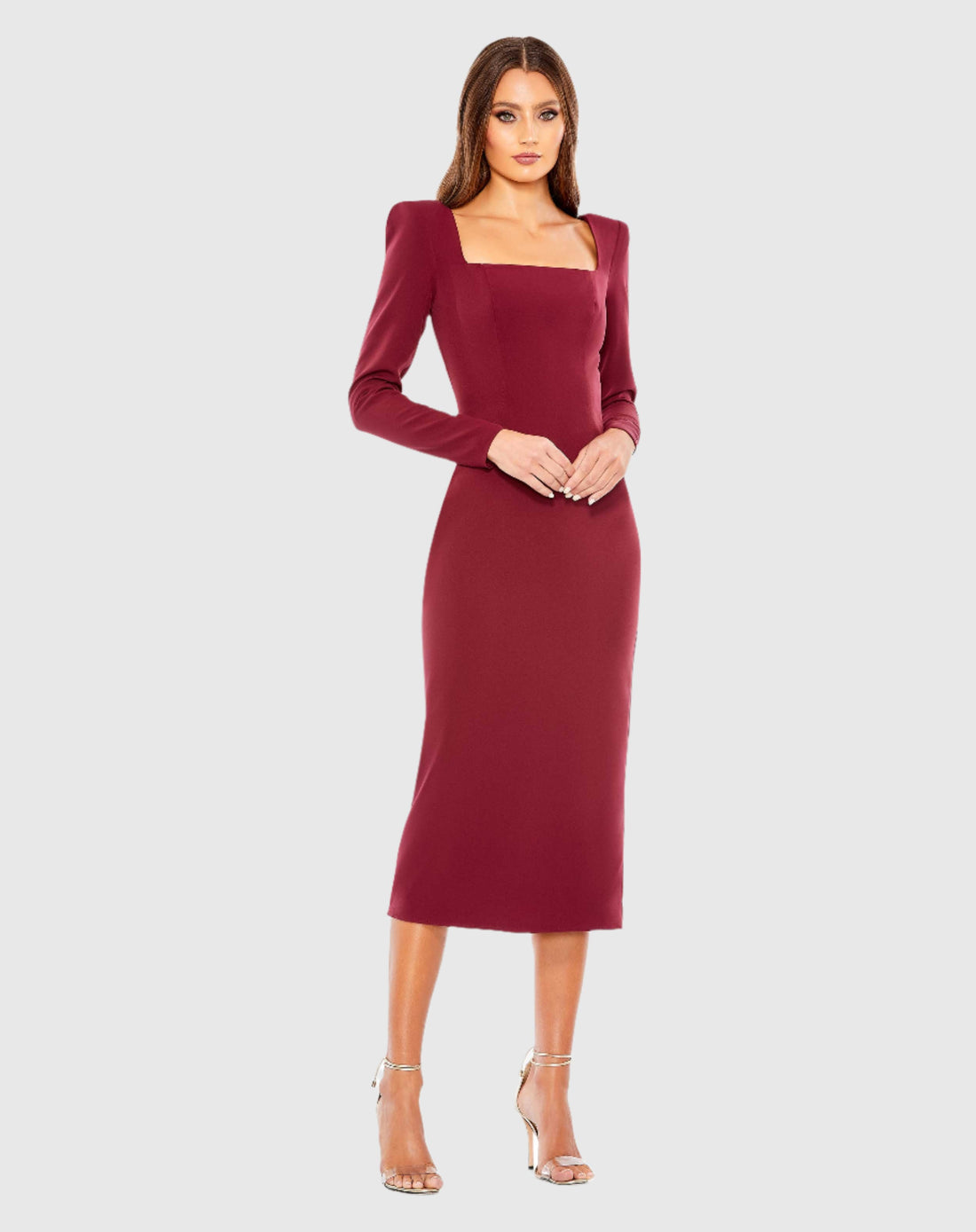 Square Puff Shoulder Long Sleeve Midi Dress