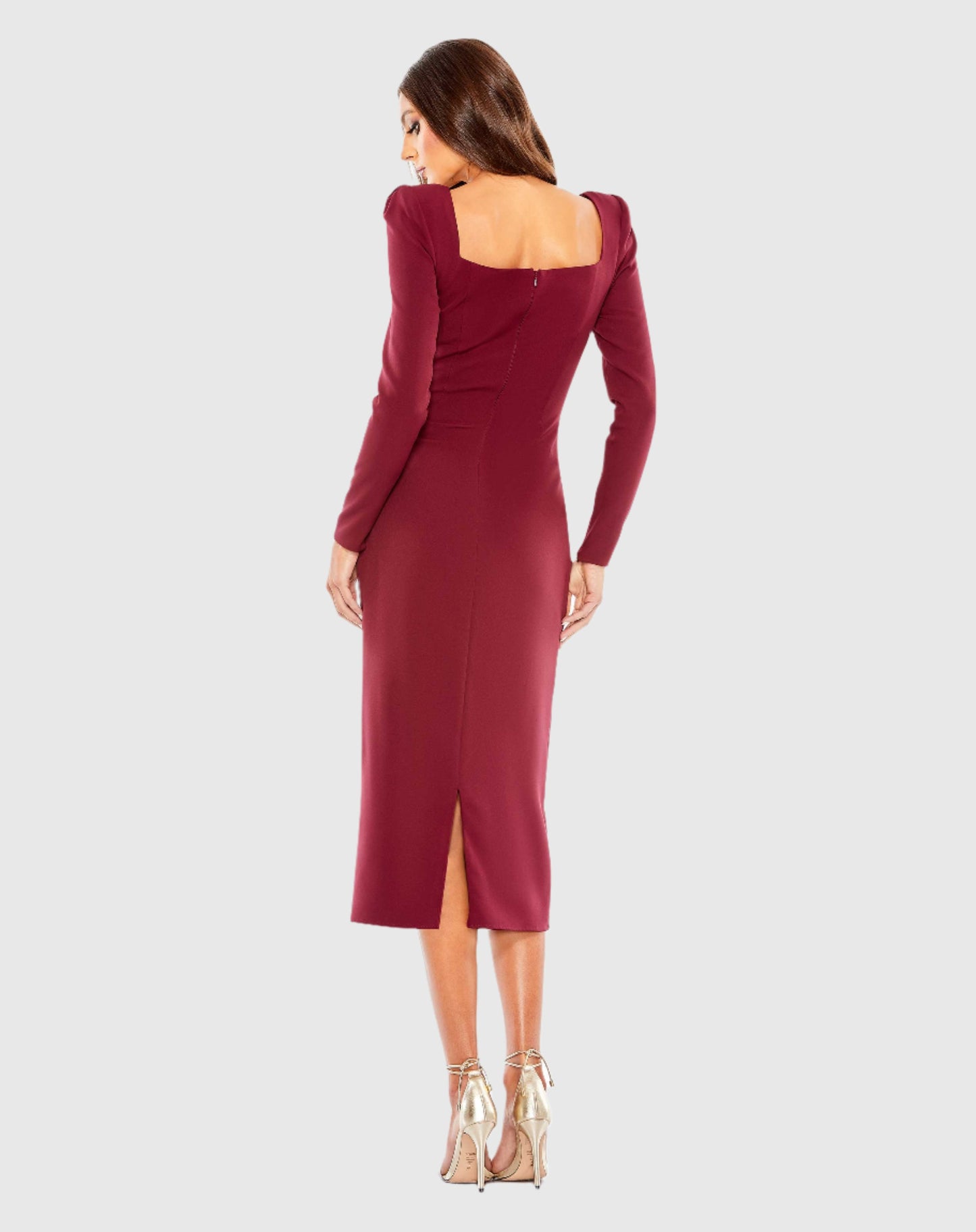 Square Puff Shoulder Long Sleeve Midi Dress