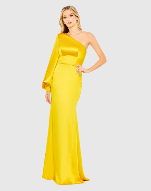 Yellow One Shoulder Bishop Sleeve Trumpet Gown