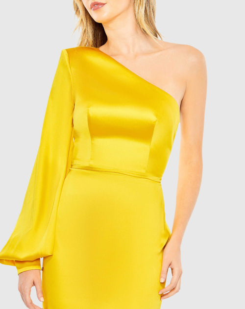 Yellow One Shoulder Bishop Sleeve Trumpet Gown