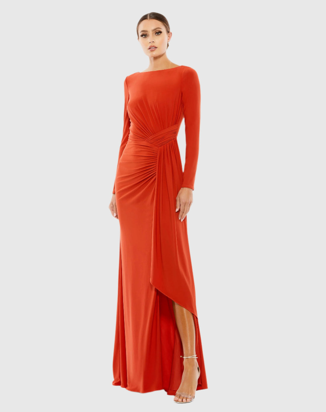 Ruched Long Sleeve Cowl Neck Gown