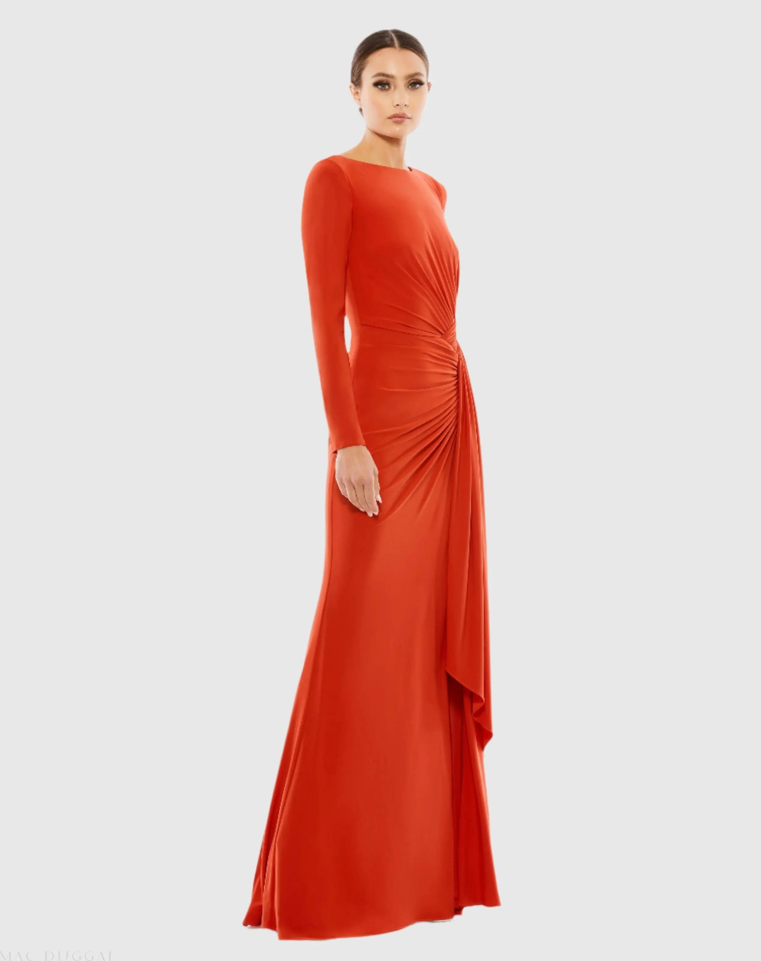 Orange Ruched Long Sleeve Cowl Neck Gown - Mac Duggal