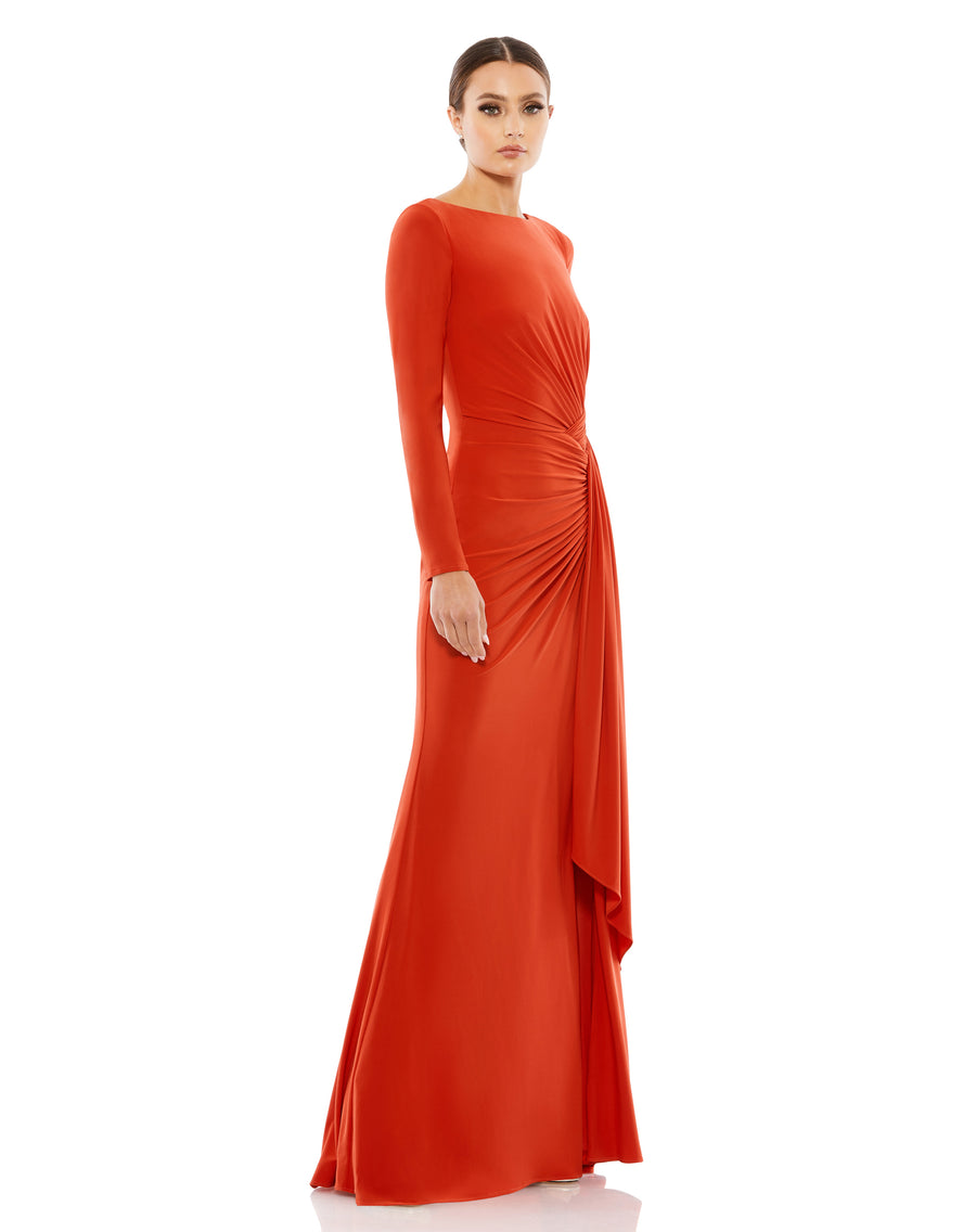 Ruched Long Sleeve Cowl Neck Gown – Mac Duggal