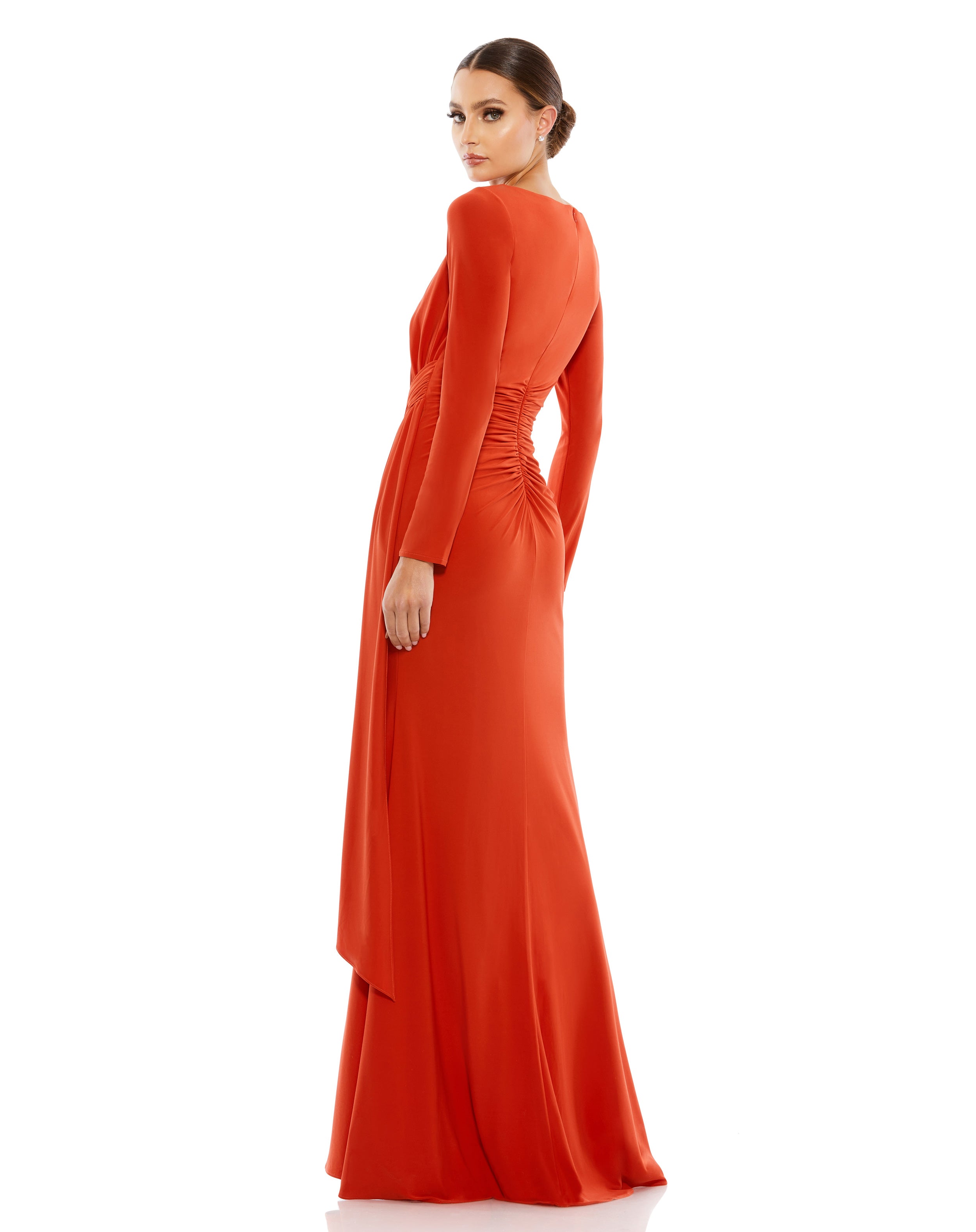 Ruched Long Sleeve Cowl Neck Gown