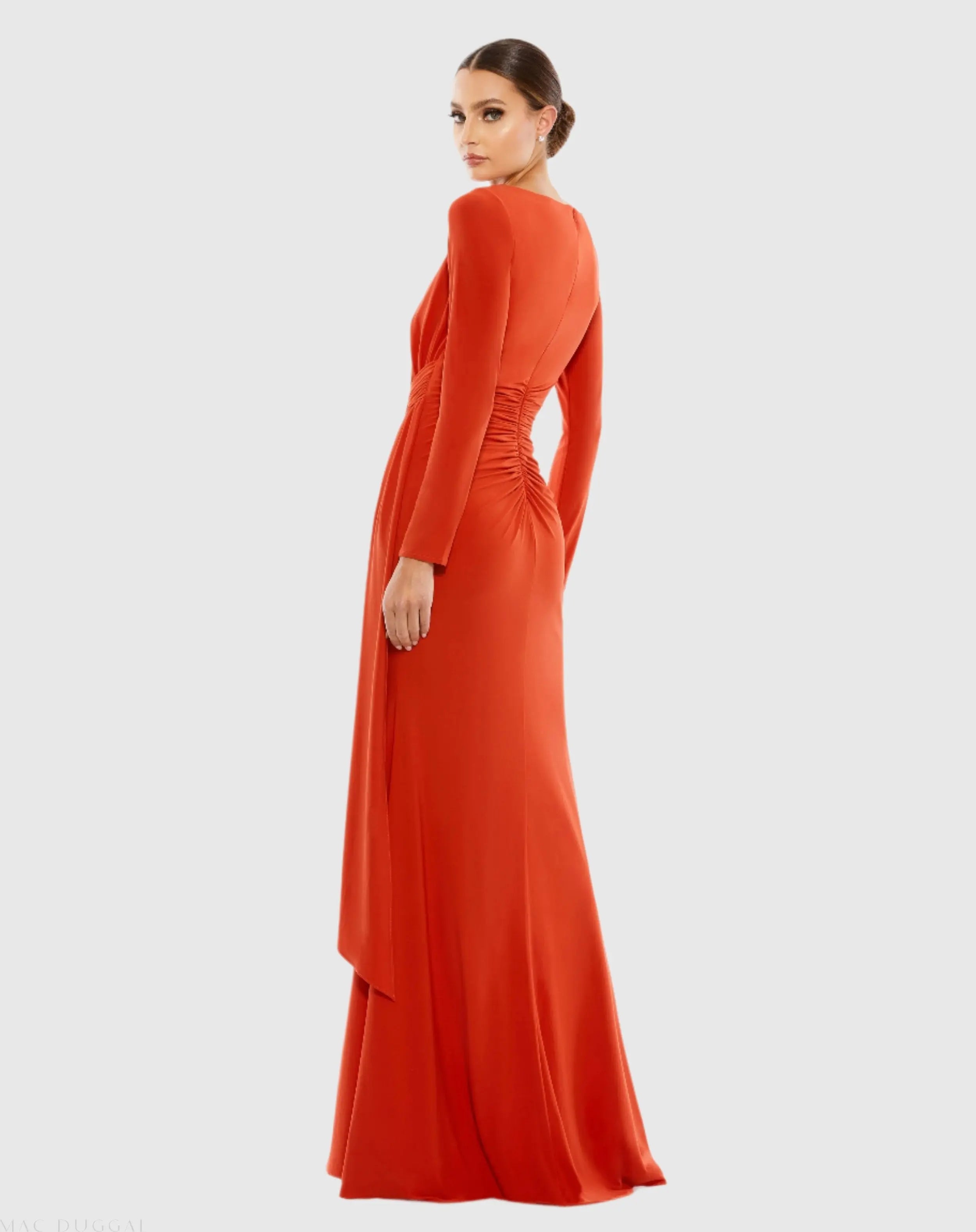 Orange Ruched Long Sleeve Cowl Neck Gown - Mac Duggal